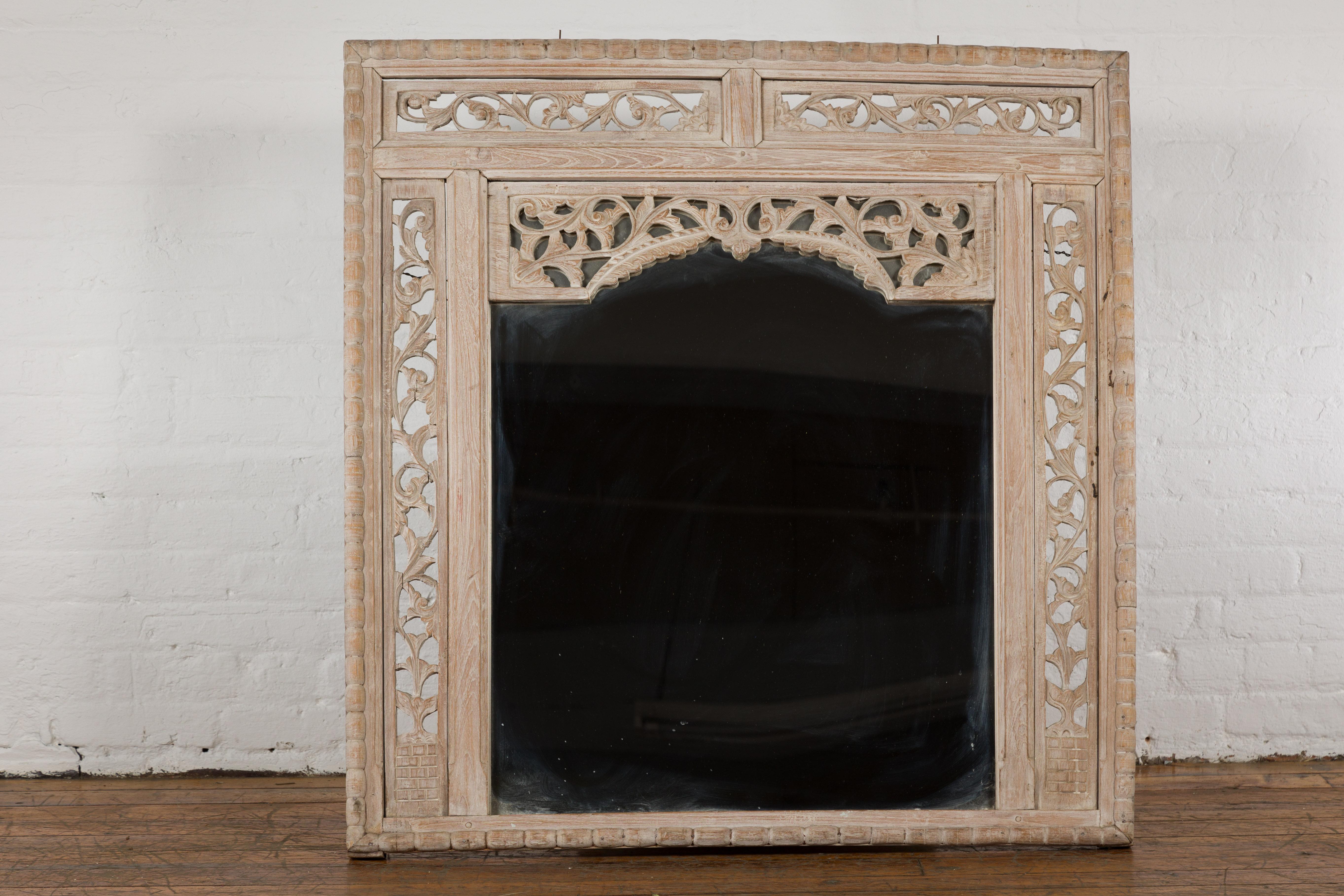 Thai 19th Century Antique Mirror with Carved Wooden Frame For Sale