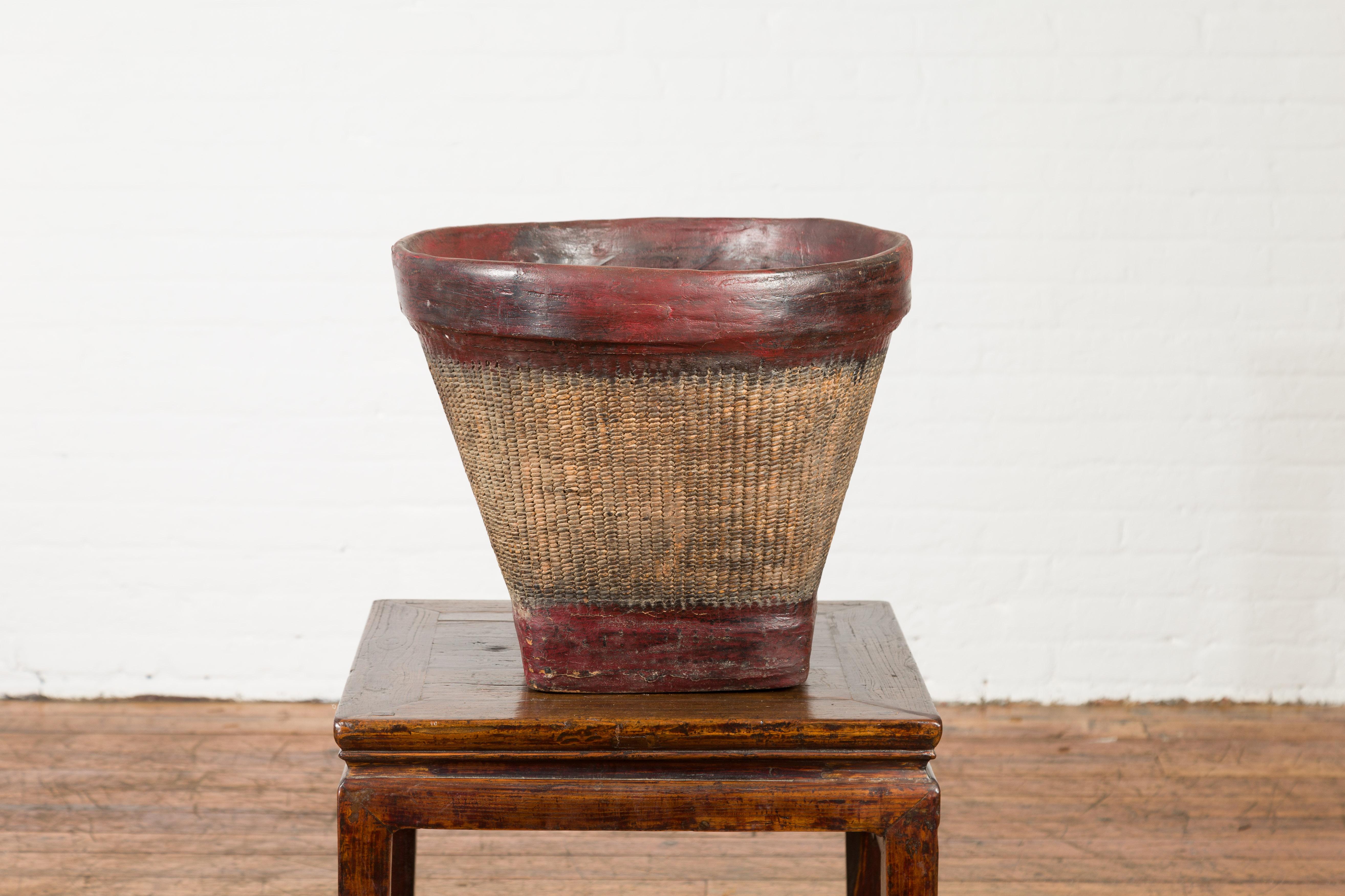 Thai 19th Century Rustic Hand-Woven Rattan Rice Basket with Red Rim In Good Condition For Sale In Yonkers, NY