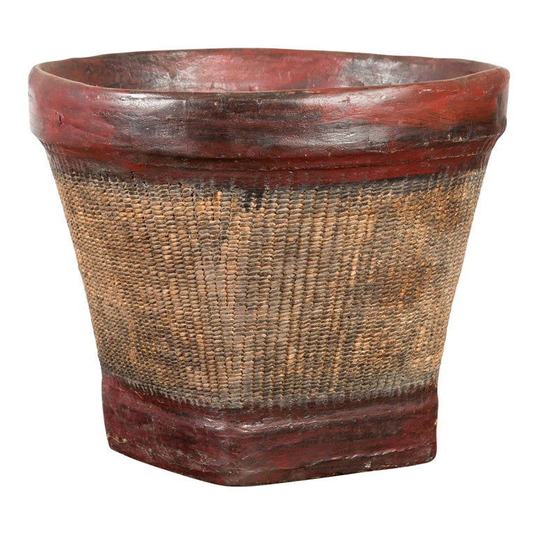 Thai 19th Century Rustic Hand-Woven Rattan Rice Basket with Red Rim For  Sale at 1stDibs