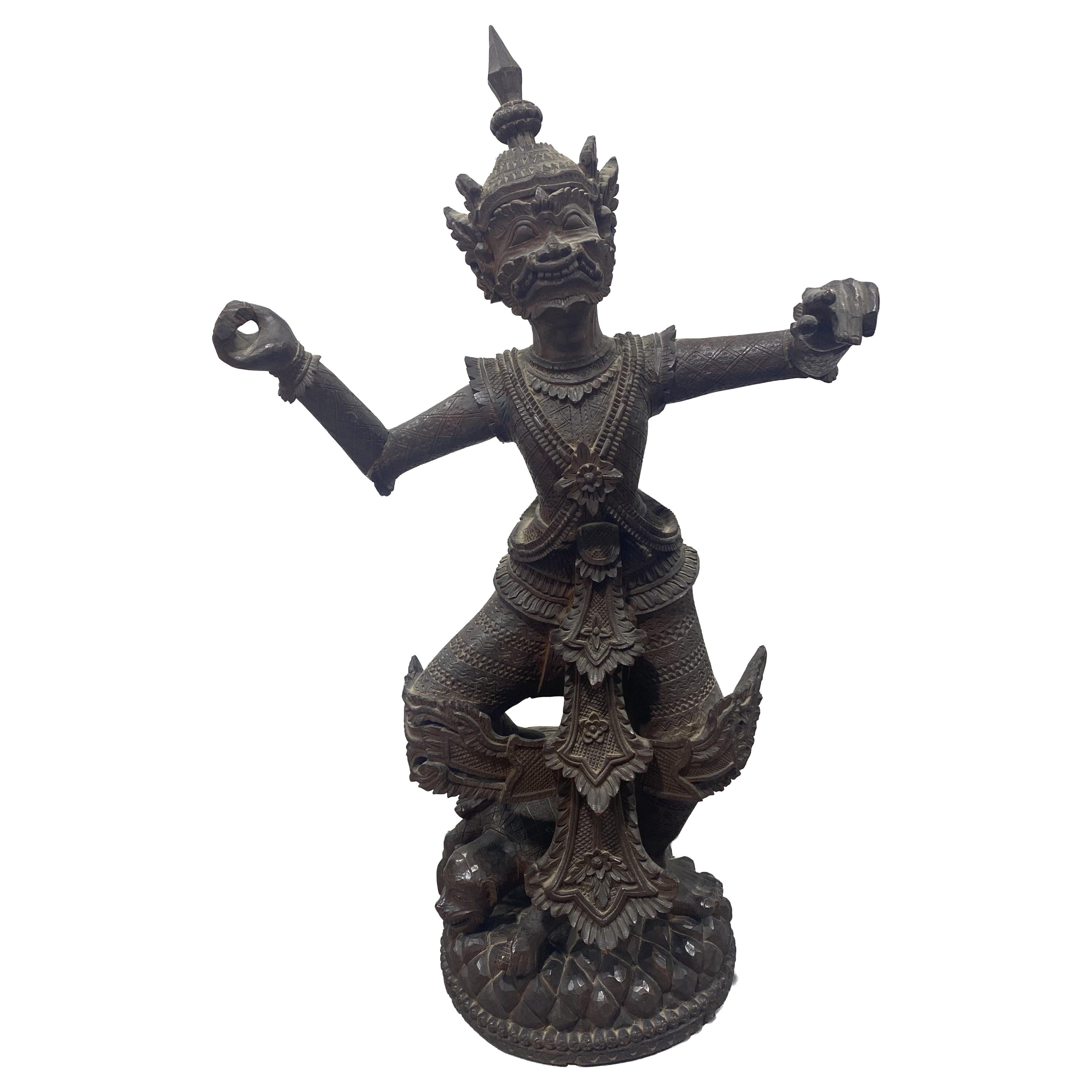 Thai 20th C. Hand Carved Masked Khon Dancing Figure in Ceremonial Attire For Sale