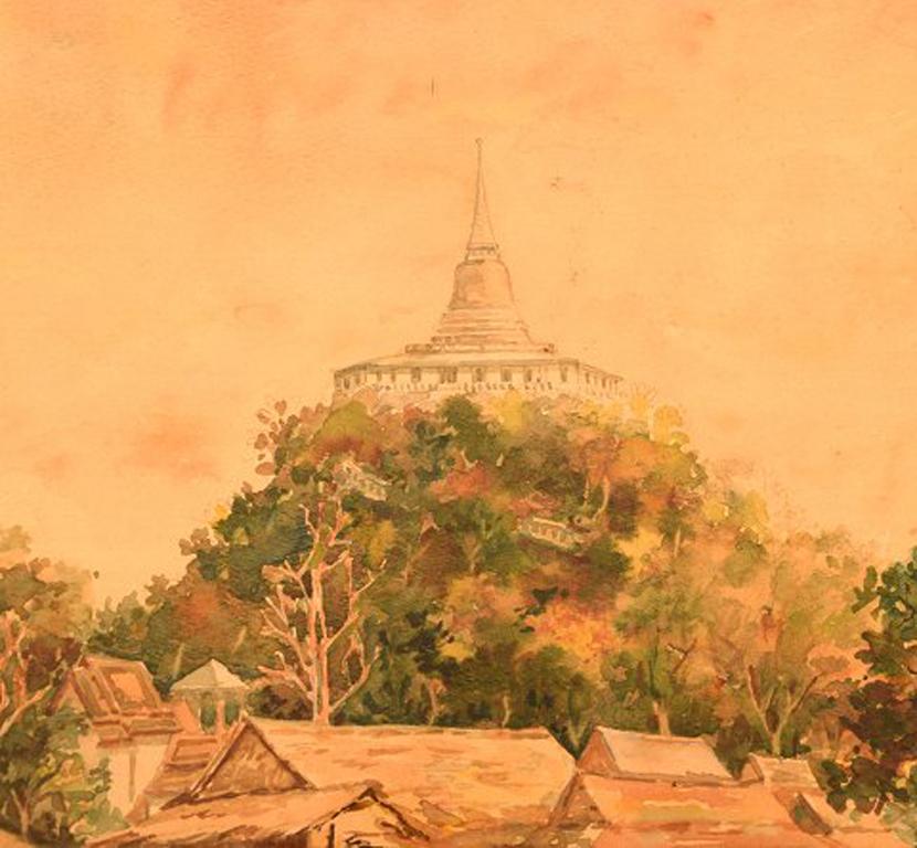Thai Artist Watercolor on Paper Phu Khao Thong / Temple of the Holy Mount In Good Condition For Sale In Copenhagen, DK