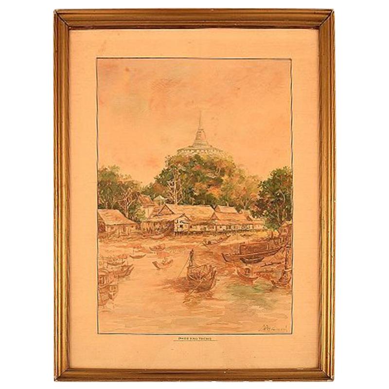 Thai Artist Watercolor on Paper Phu Khao Thong / Temple of the Holy Mount For Sale