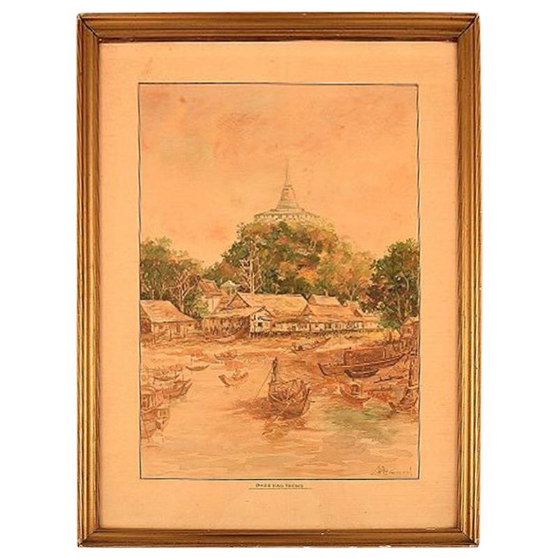 Artista tailandés Acuarela sobre papel Phu Khao Thong / Templo del Monte Sagrado en venta