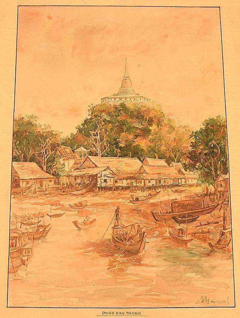 Thai artist. Watercolor on paper. Phu Khao Thong / Temple of the holy mount. Early 20th century.
In very good condition.
Signed.
The paper measures: 46 x 34 cm.
The frame measures: 2 cm.