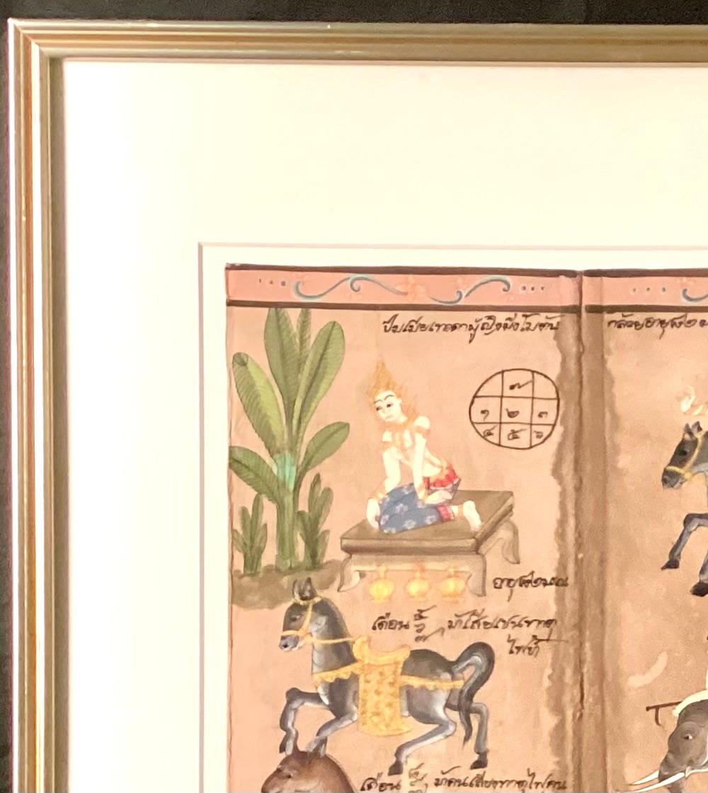 Gerahmter thailändischer Wahrsage- oder Astrologiekalender aus dem 19. Jahrhundert, Aquarell auf Papier, spiegelt die reichen kulturellen und spirituellen Traditionen Thailands wider.  Die Kalenderbilder zeigen Tiere, Figuren und mythologische