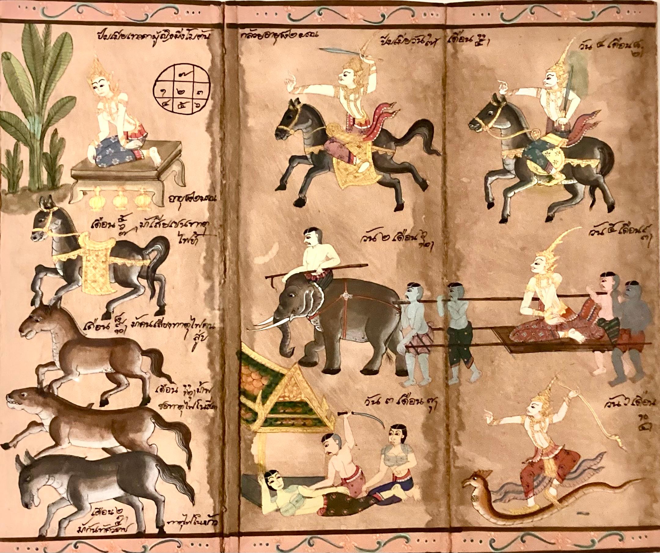 Thailändisches Astrologisches Kalender, Aquarell auf Papier, Gemälde, gerahmt im Angebot 1