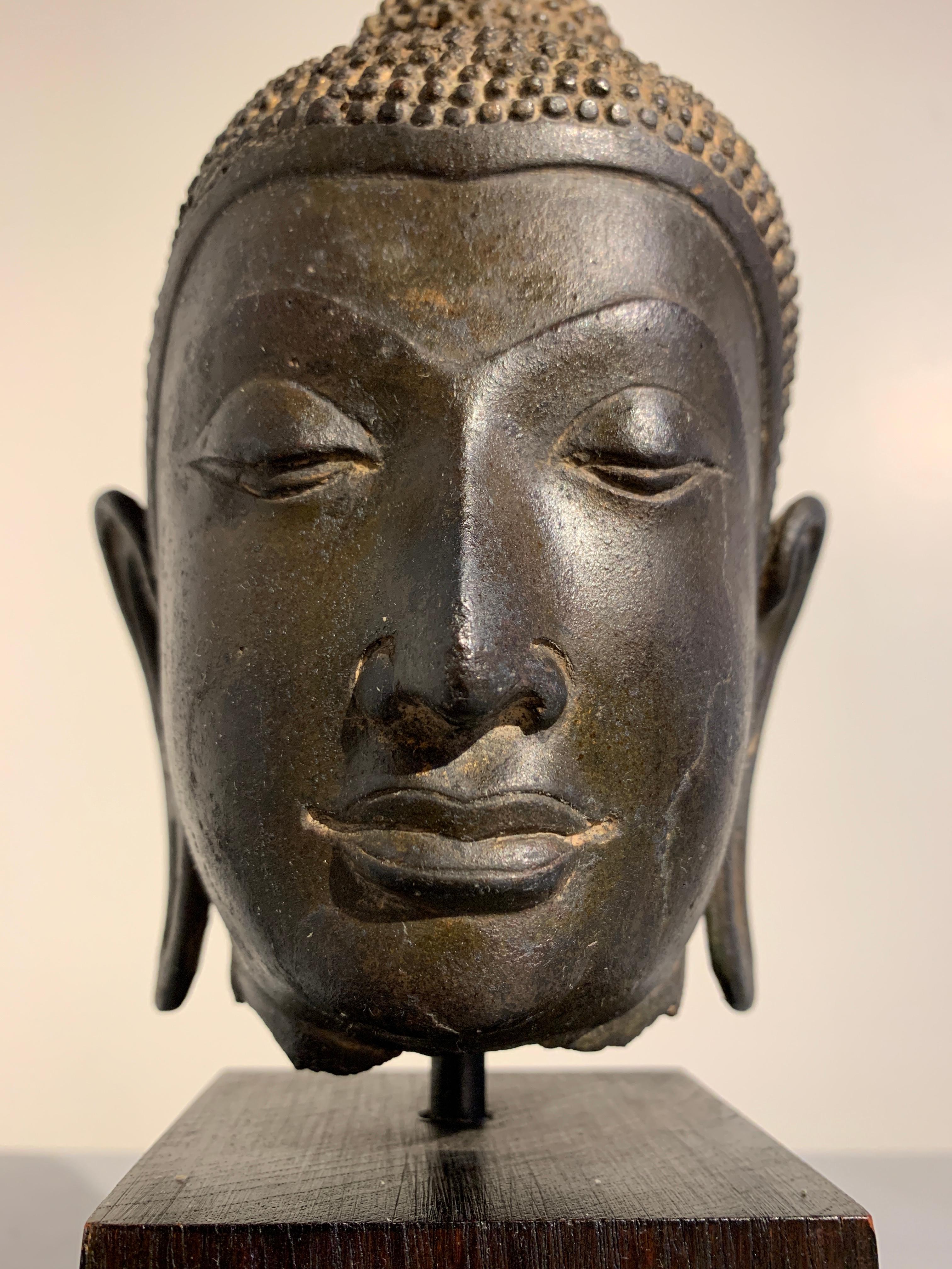 Thai Ayutthaya Bronze Buddha Head, U-Thong C Style, 14th-15th Century 4