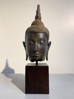Thai Ayutthaya Bronze Buddha Head, U-Thong C Style, 14th-15th Century