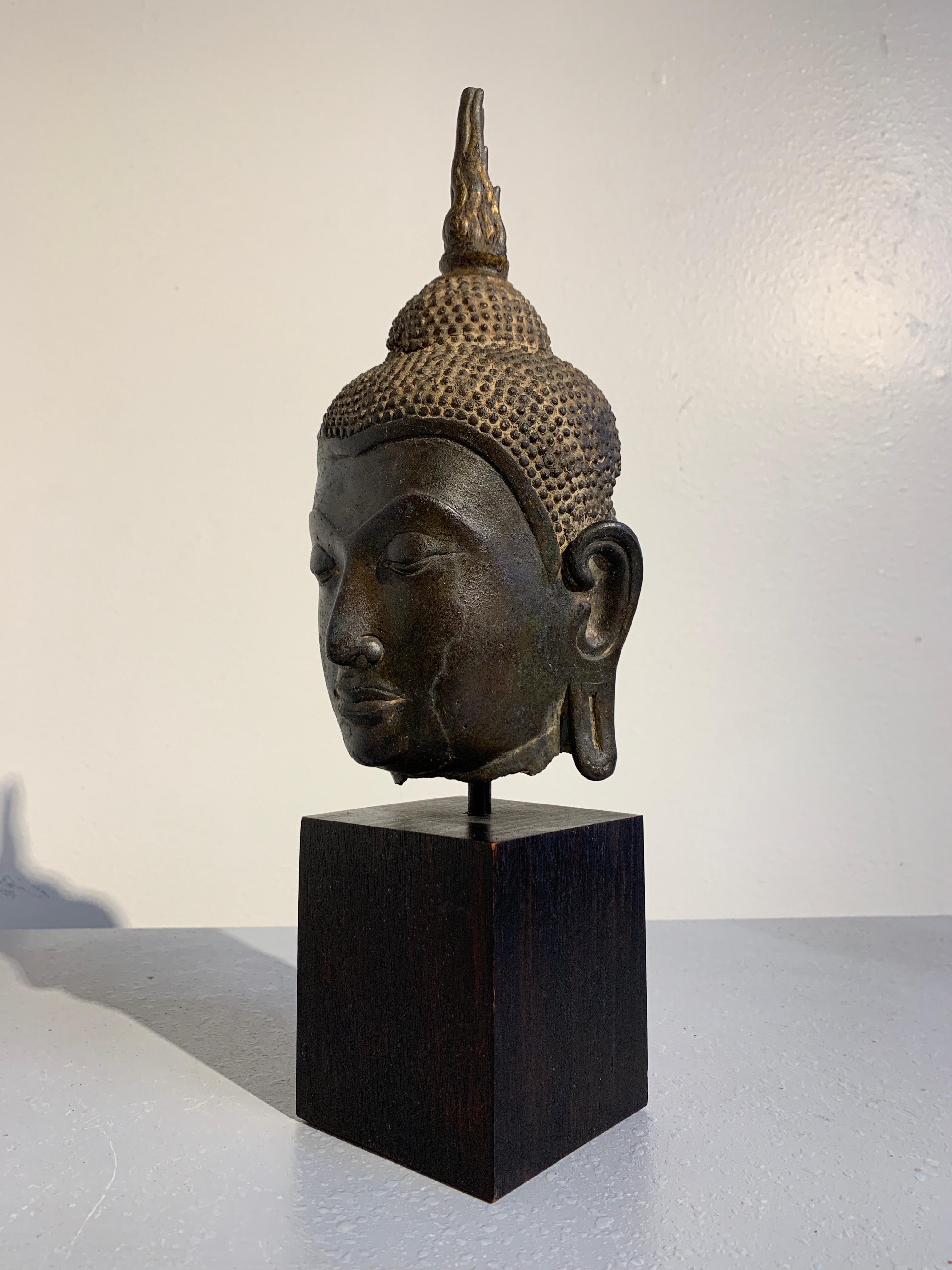 Cast Thai Ayutthaya Bronze Buddha Head, U-Thong C Style, 14th-15th Century