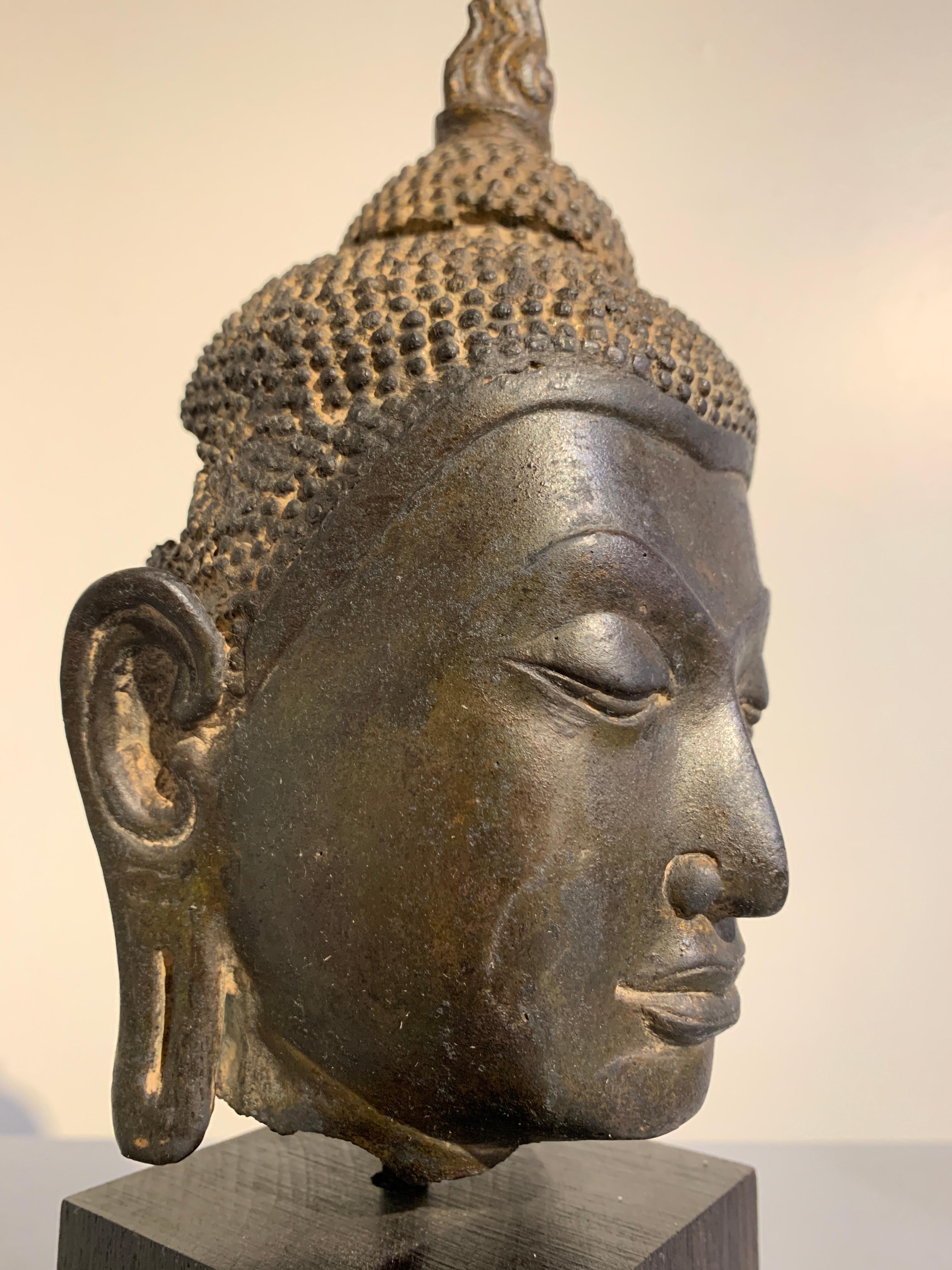 18th Century and Earlier Thai Ayutthaya Bronze Buddha Head, U-Thong C Style, 14th-15th Century