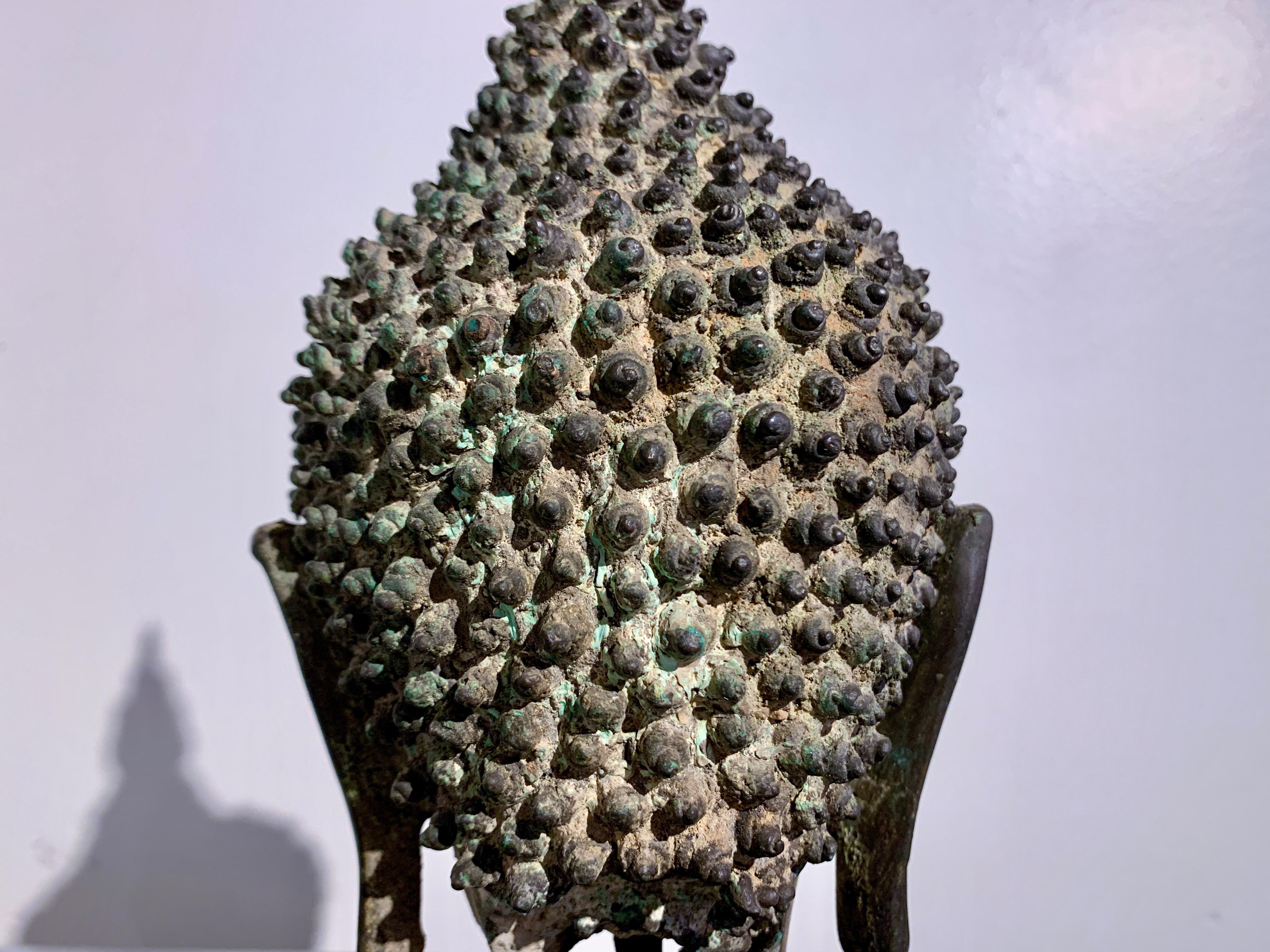 Thai Ayutthaya Bronze Buddha Head, U-Thong C Style, 18th/19th Century, Thailand For Sale 5