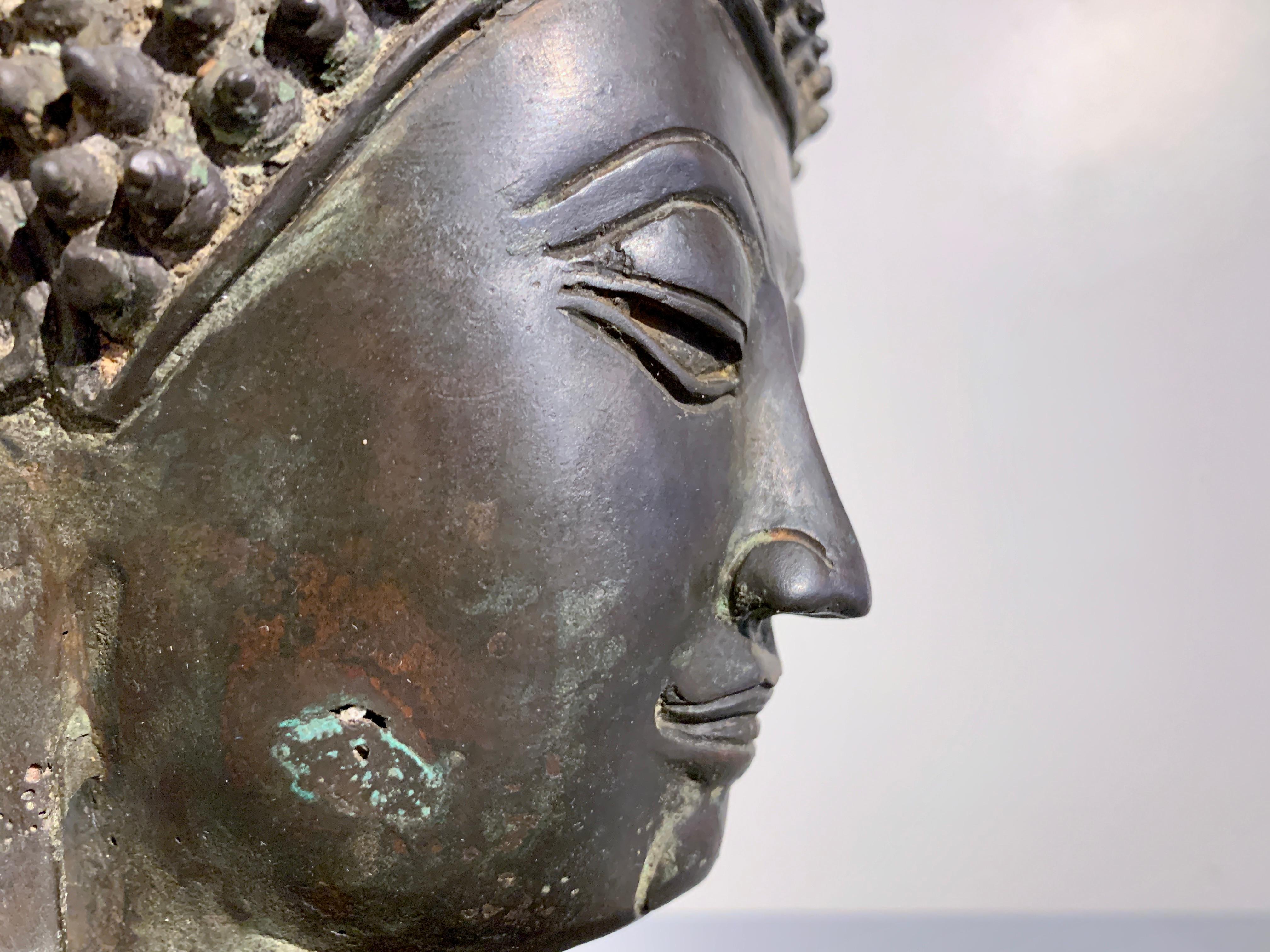 Thai Ayutthaya Bronze Buddha Head, U-Thong C Style, 18th/19th Century, Thailand For Sale 8