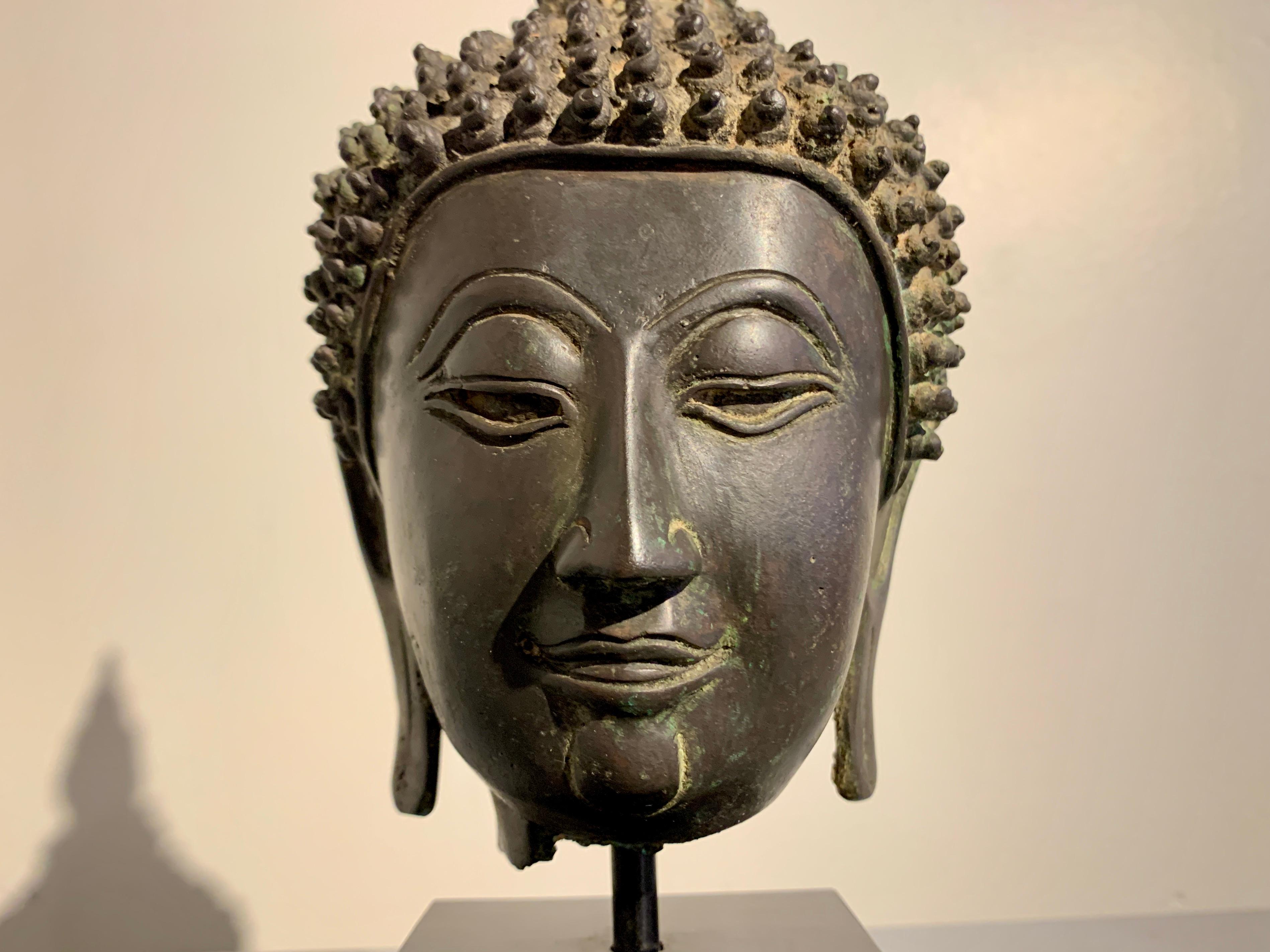 Thai Ayutthaya Bronze Buddha Head, U-Thong C Style, 18th/19th Century, Thailand For Sale 9