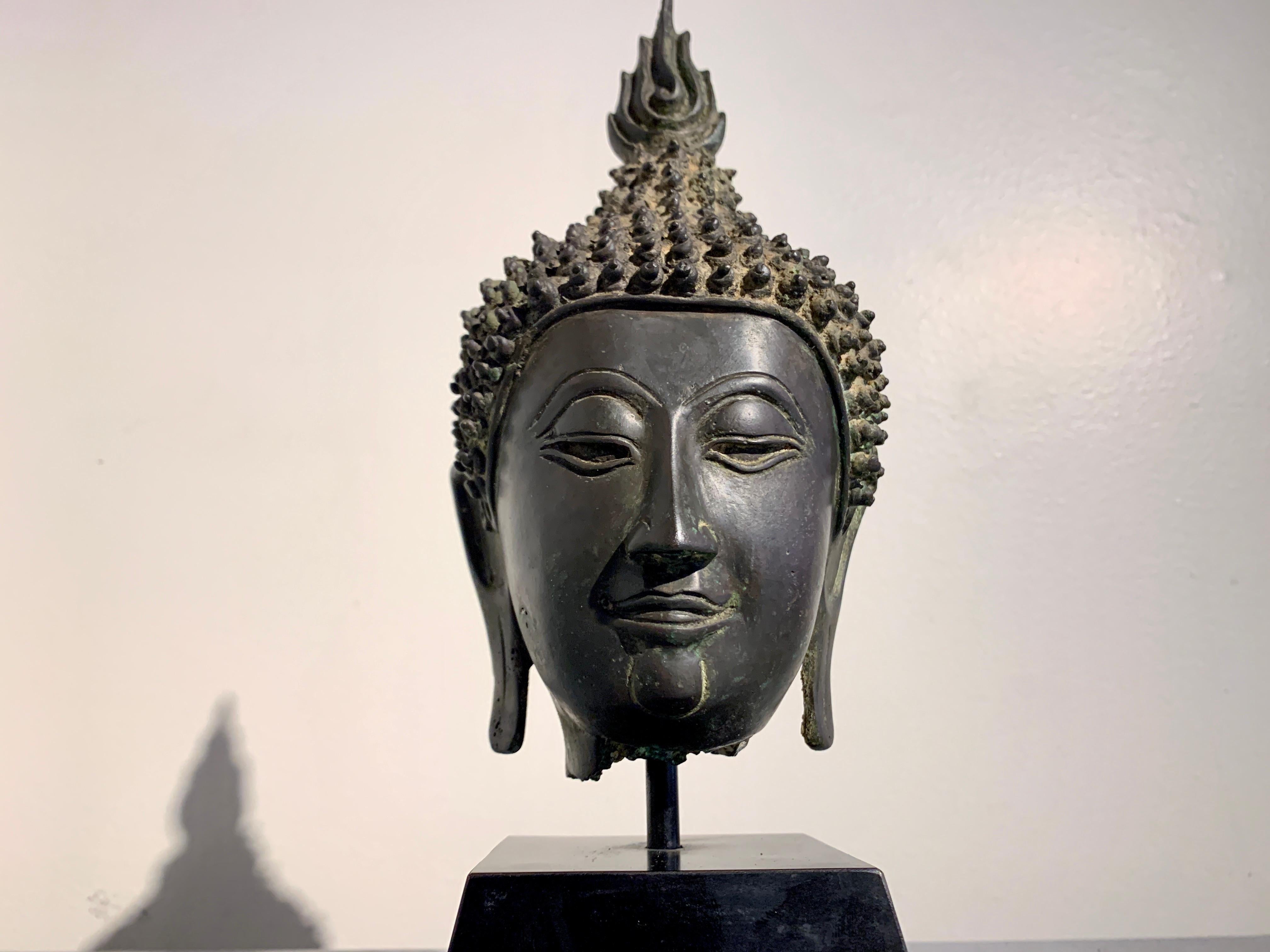 Bronze Tête de Bouddha thaïlandaise Ayutthaya en bronze, style U-Thong C, 18e/19e siècle, Thaïlande en vente