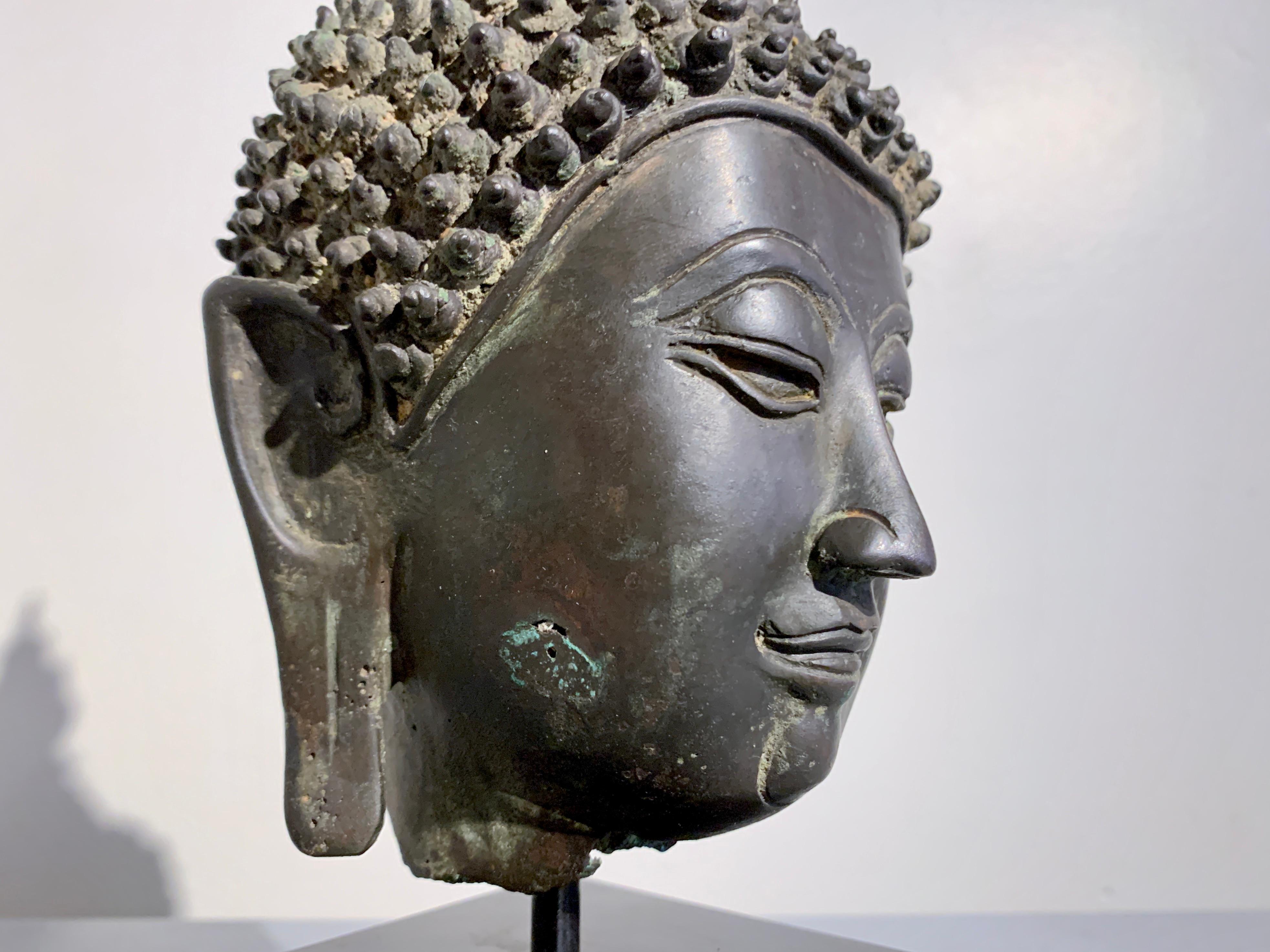 Tête de Bouddha thaïlandaise Ayutthaya en bronze, style U-Thong C, 18e/19e siècle, Thaïlande en vente 1