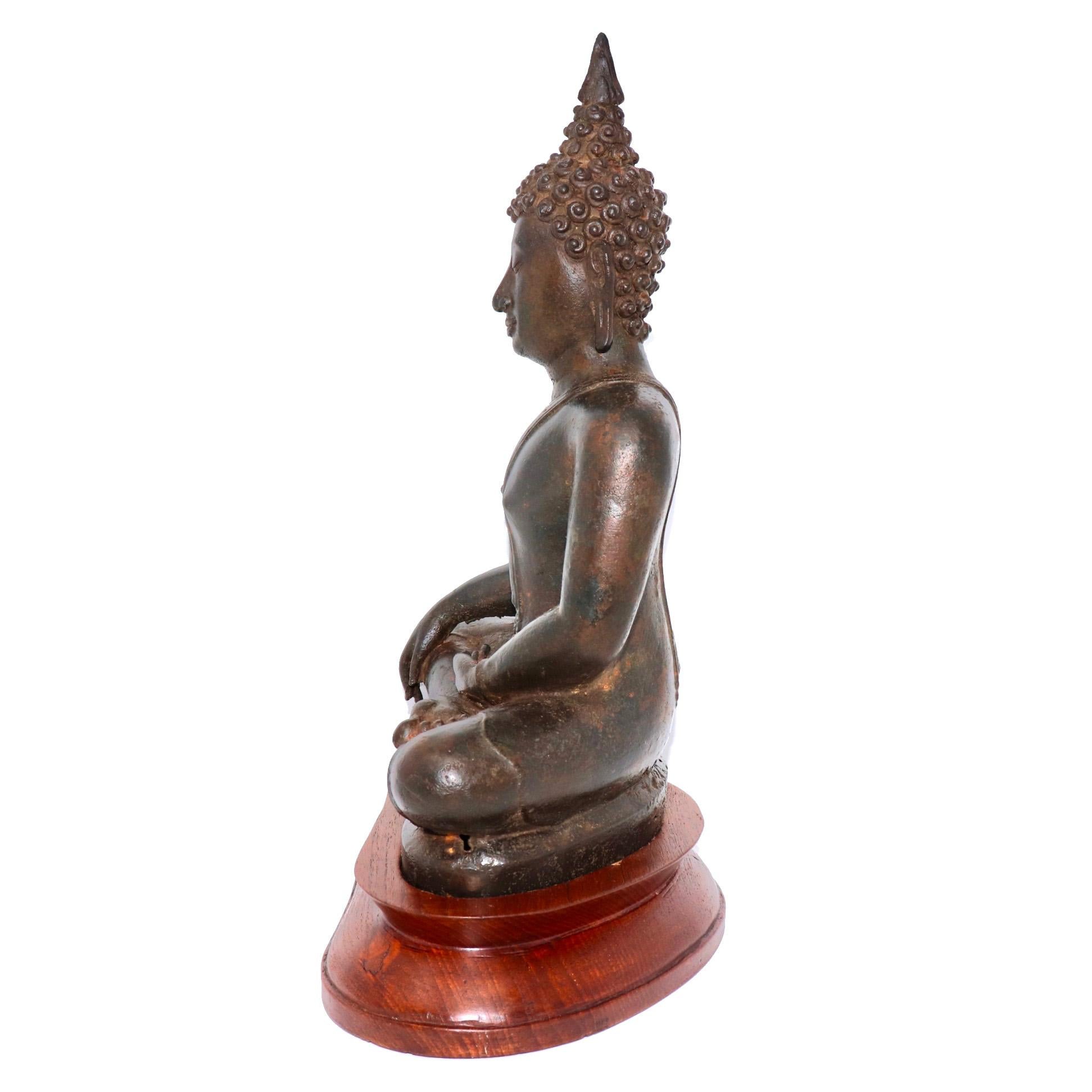 18th Century and Earlier Thai Ayutthaya Bronze Seated Buddha Figure, 14th-15th Century