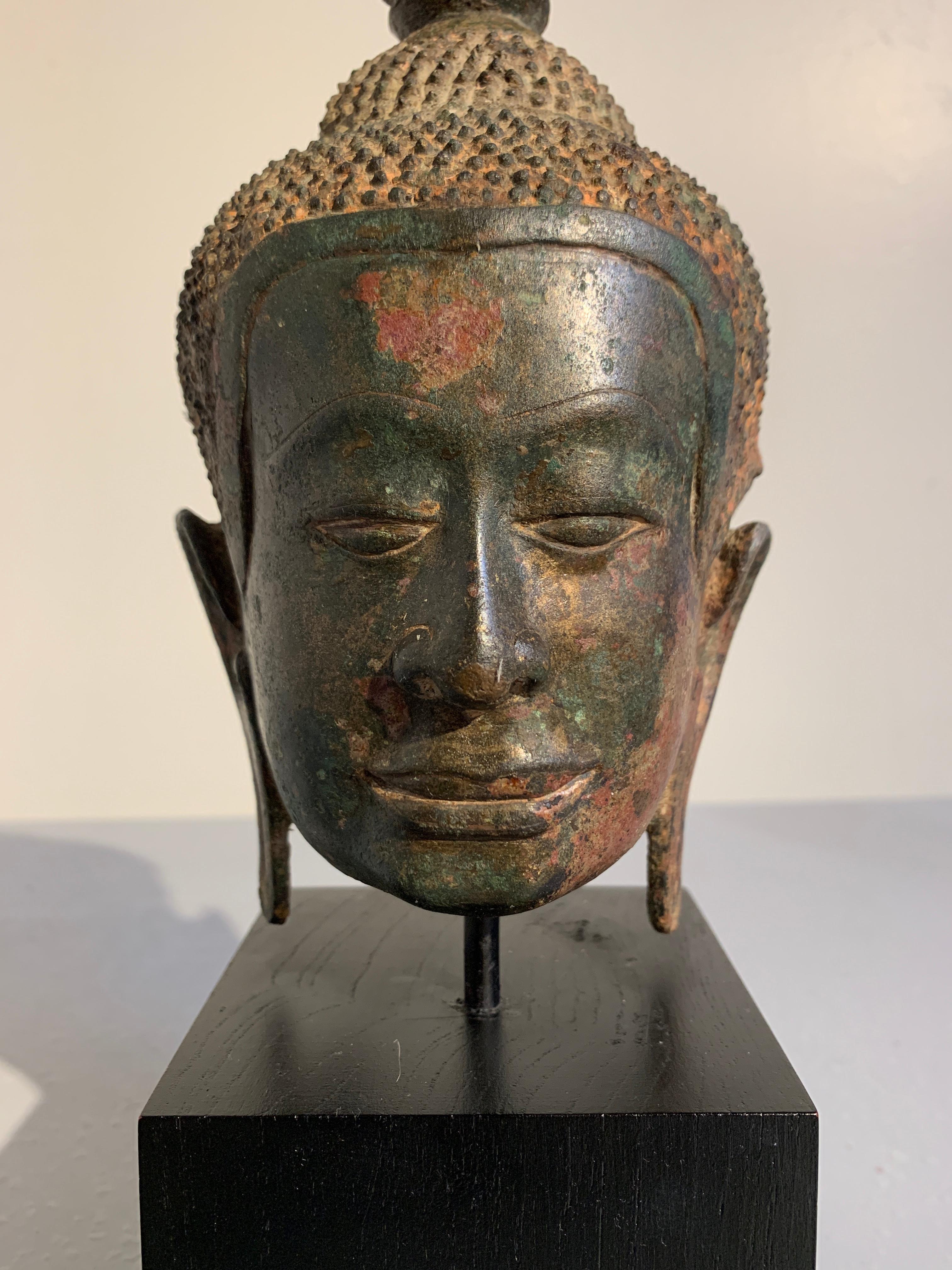 Thai Bronze Buddha Head, Ayutthaya Kingdom, U-Thong a Style, 14th Century 2