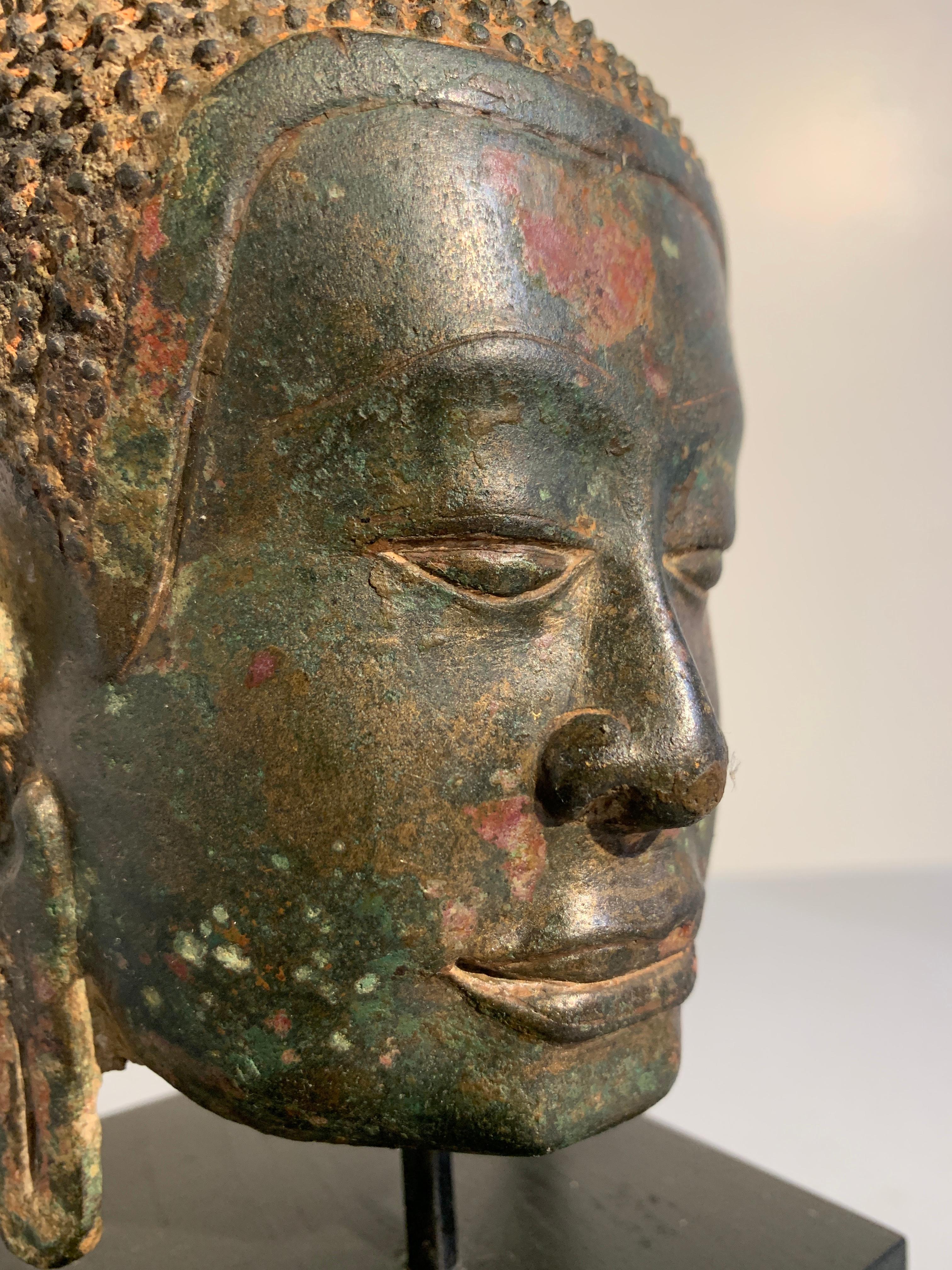 Thai Bronze Buddha Head, Ayutthaya Kingdom, U-Thong a Style, 14th Century 3