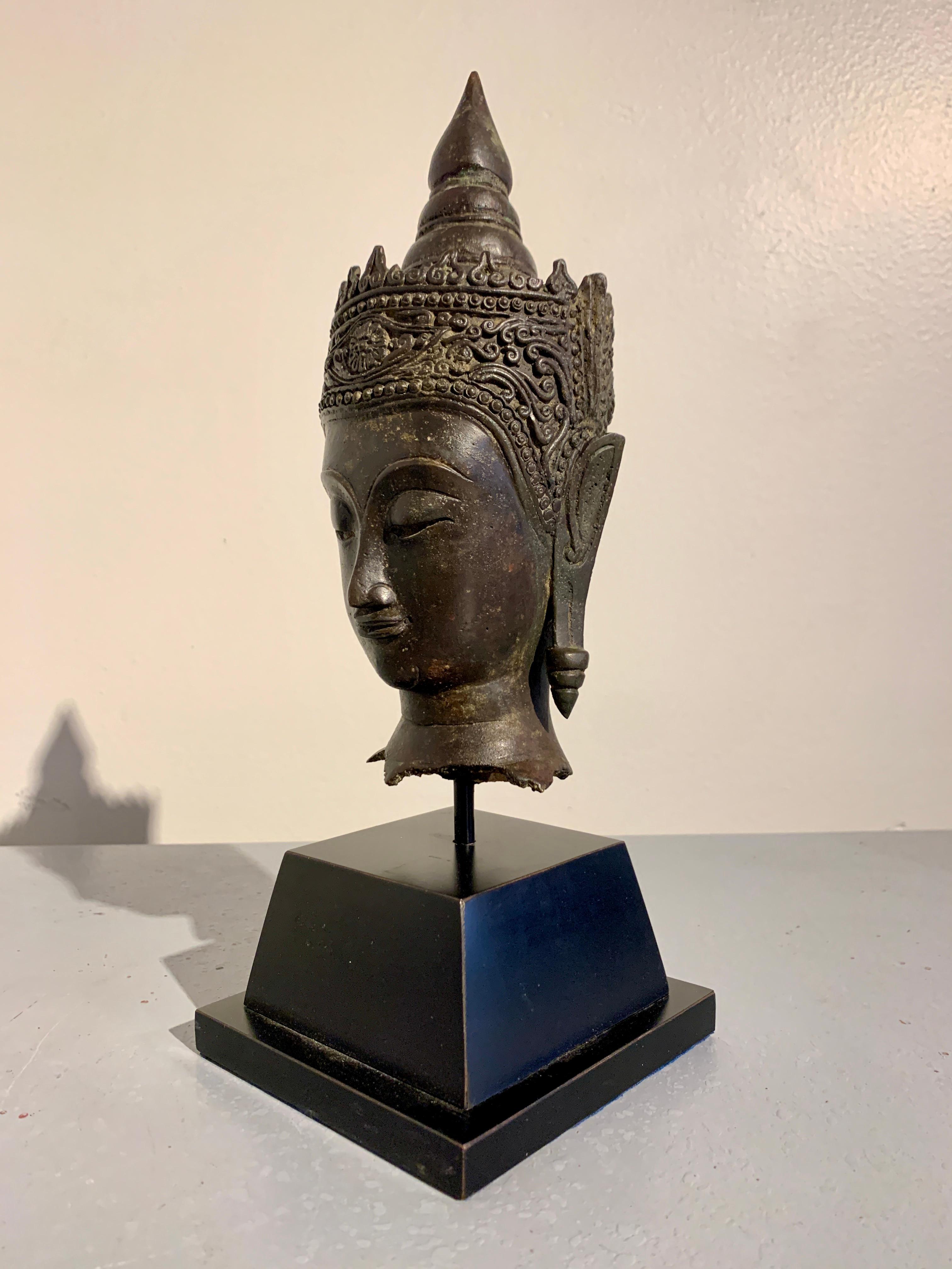 Cast Thai Bronze Crowned Buddha Head, Ayutthaya Period, 17th C, Thailand