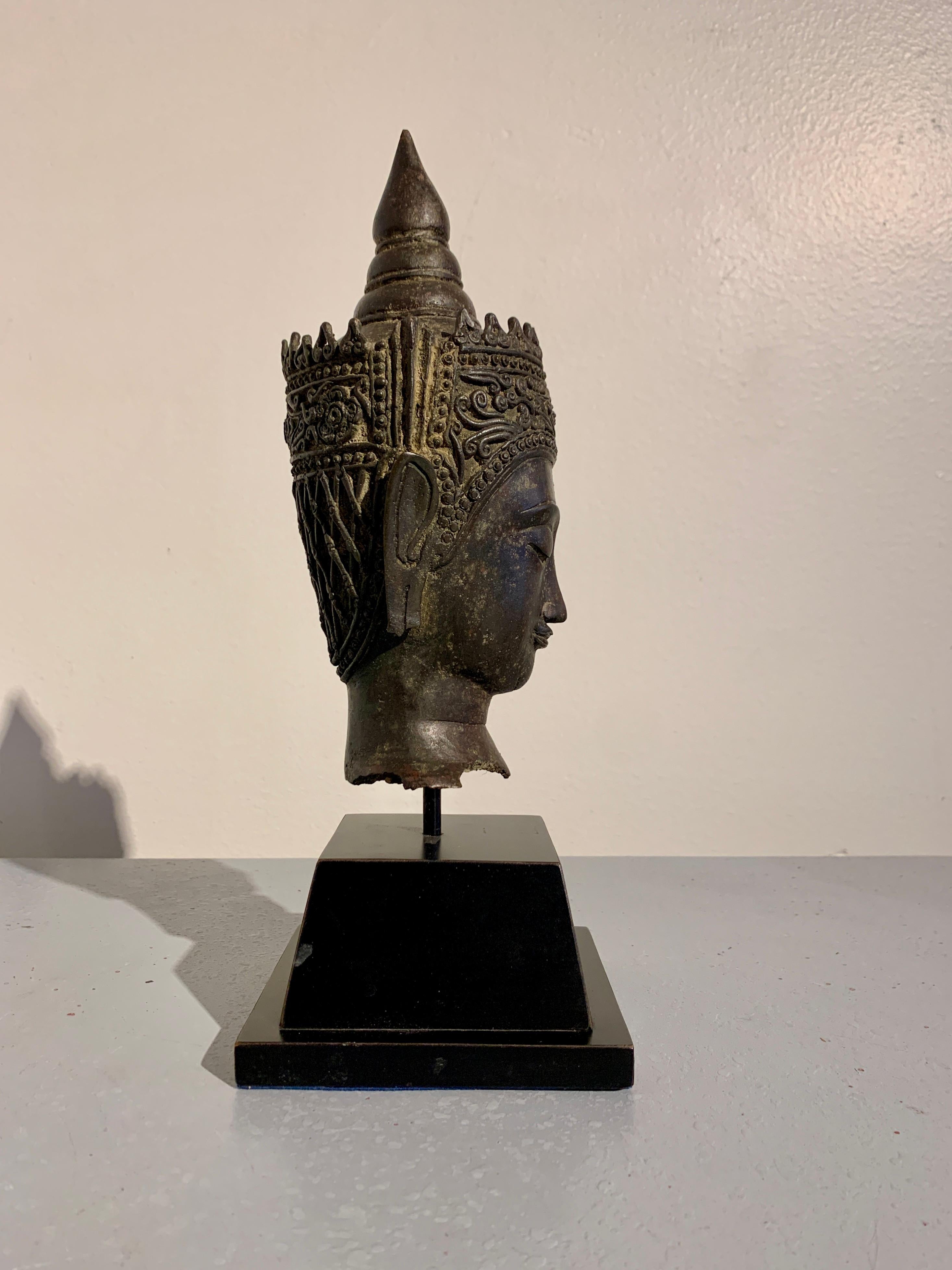 Thai Bronze Crowned Buddha Head, Ayutthaya Period, 17th C, Thailand 1