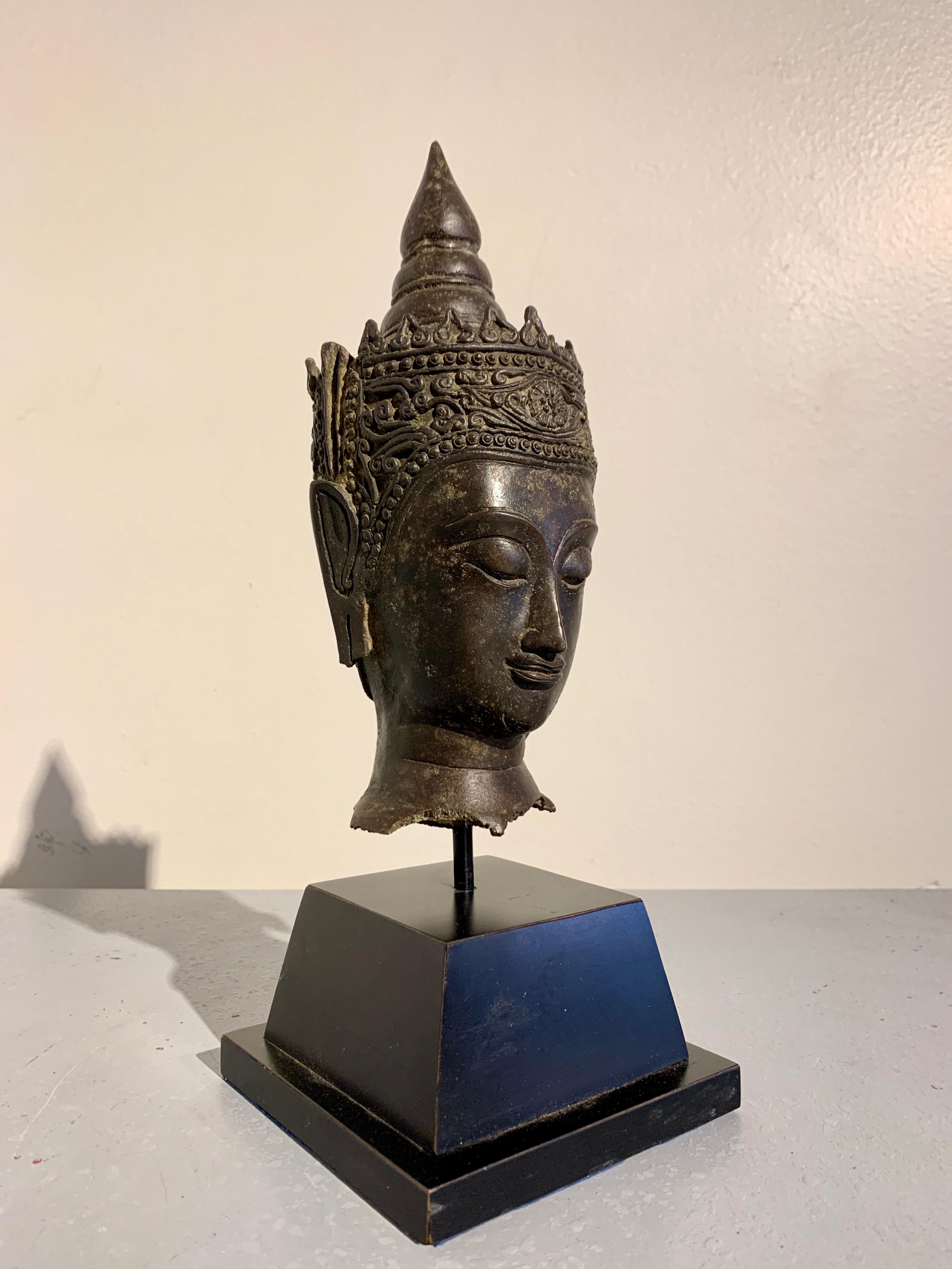 Thai Bronze Crowned Buddha Head, Ayutthaya Period, 17th C, Thailand 2