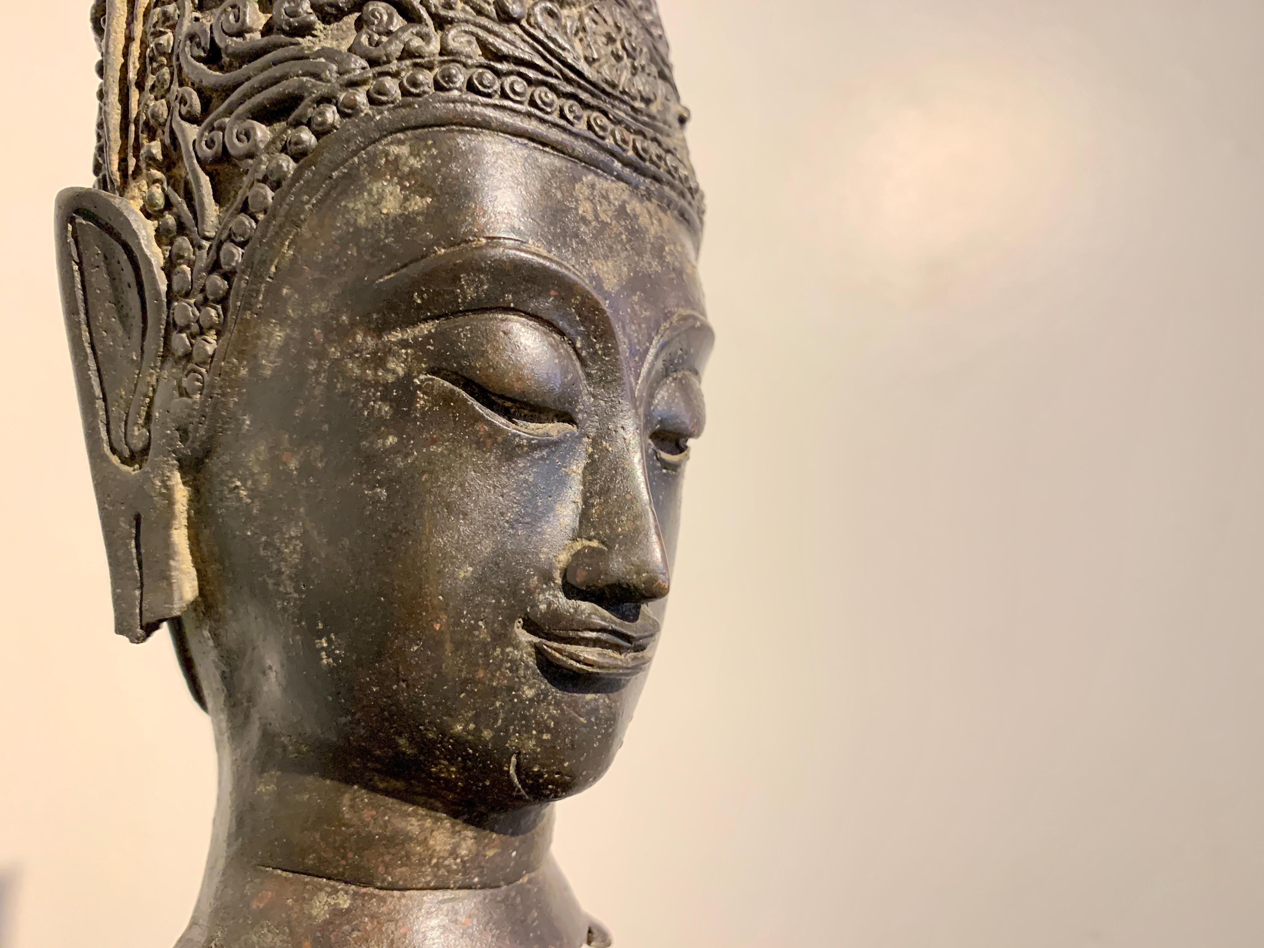 Thai Bronze Crowned Buddha Head, Ayutthaya Period, 17th C, Thailand 4