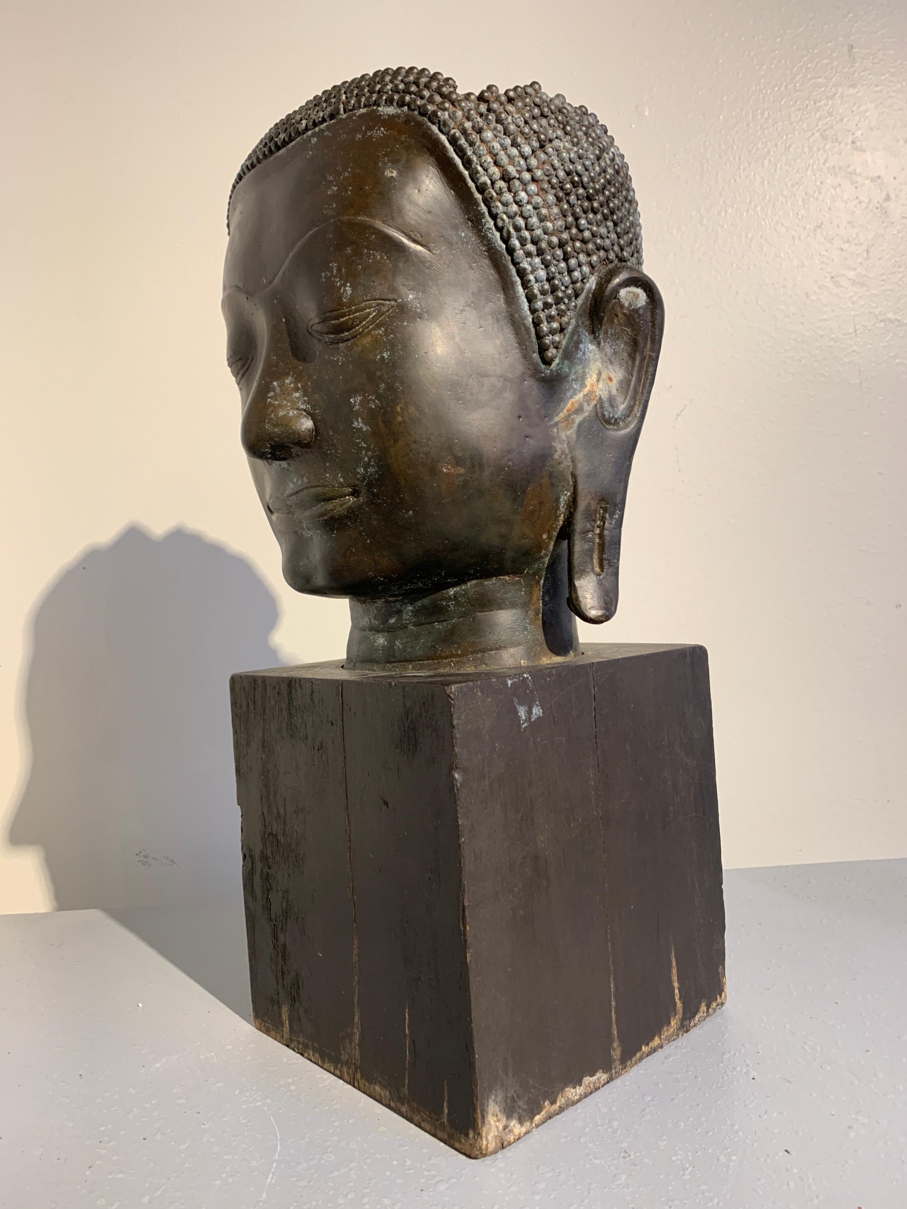Cast Thai Bronze Head of the Buddha, Ayutthaya U-Thong Style, 14th-15th Century