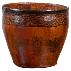 Thai Brown and Black Papier Mâché Basket with Floral Frieze and Bird Motifs