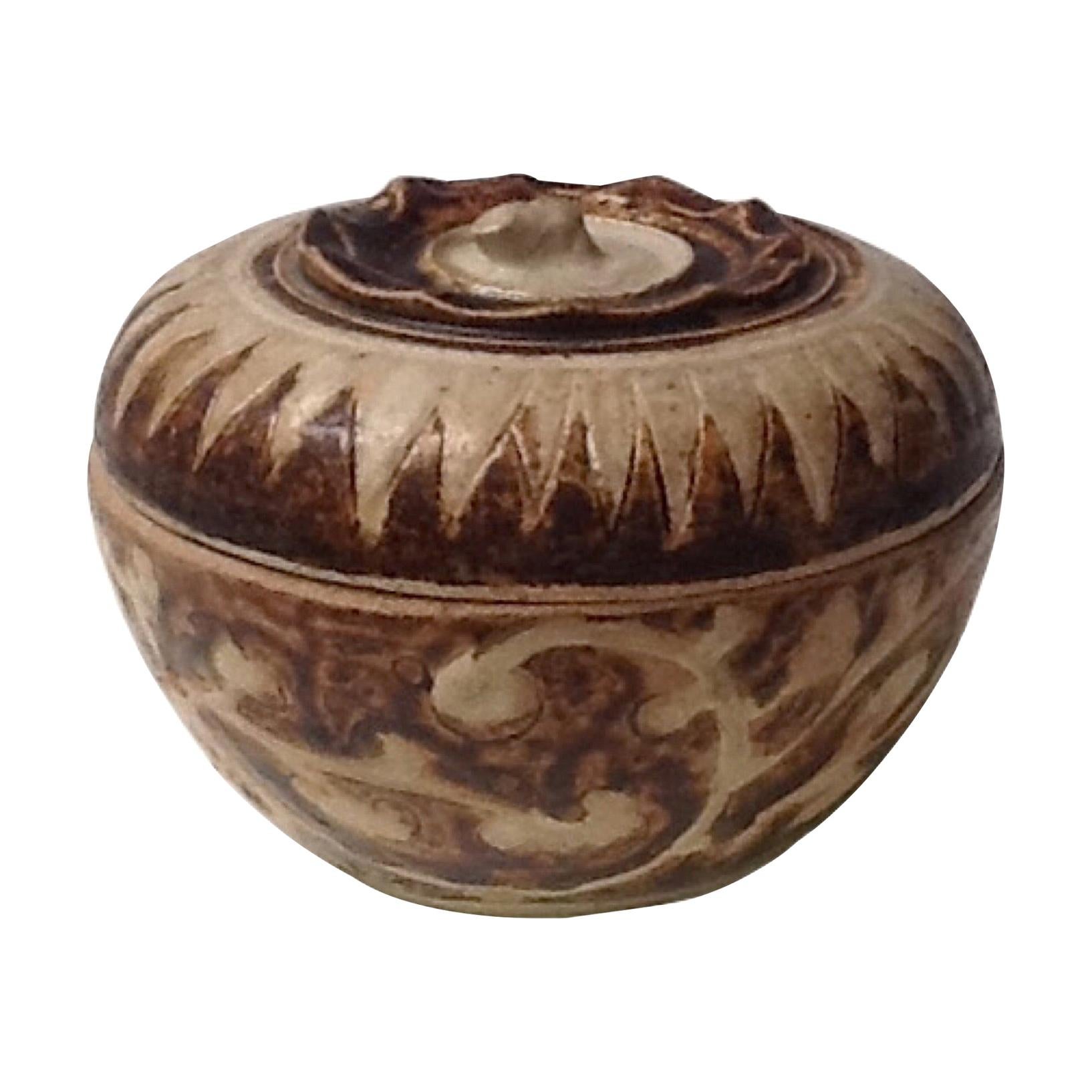 Thai Brown and White Ceramic Covered Box from the Sawankhalok Kilns For Sale