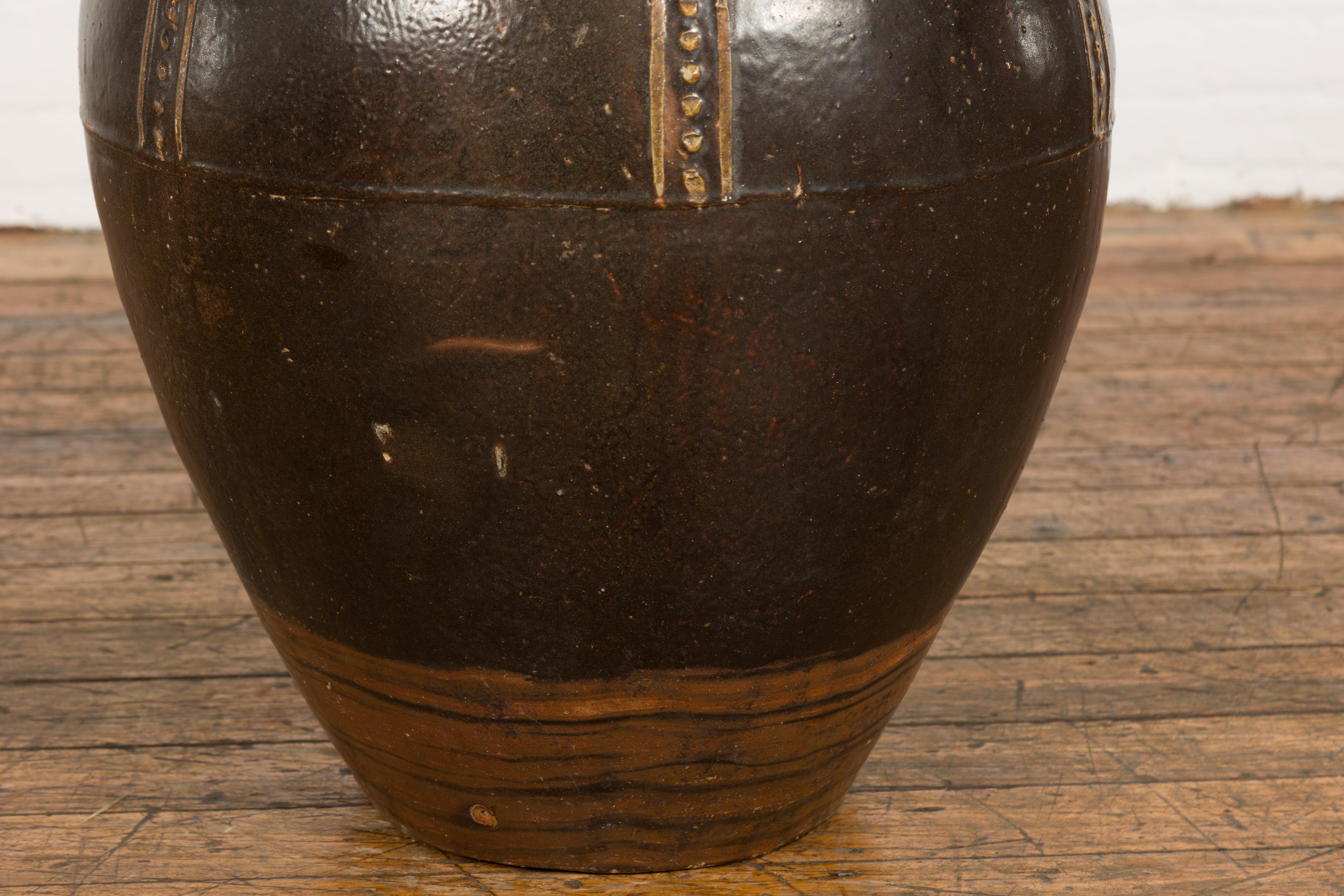 Thai Brown Glazed Ceramic Vase with Loop Handles and Cream Dotted Décor For Sale 6