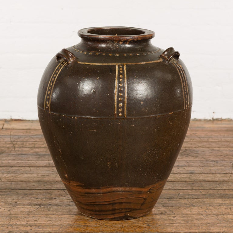 Thai Brown Glazed Ceramic Vase with Loop Handles and Cream Dotted Décor ...