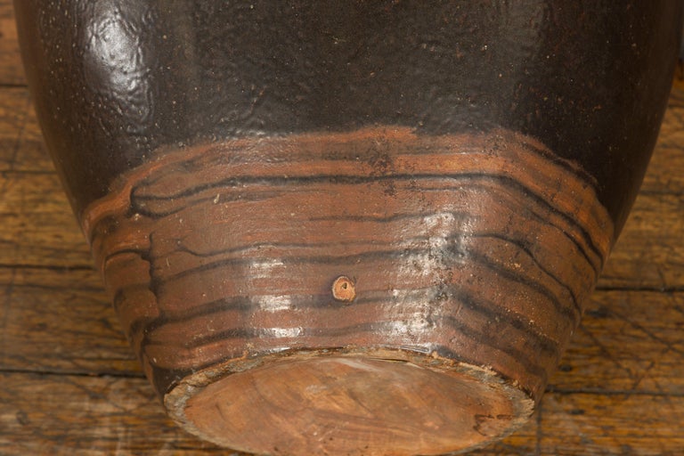 Thai Brown Glazed Ceramic Vase with Loop Handles and Cream Dotted Décor ...