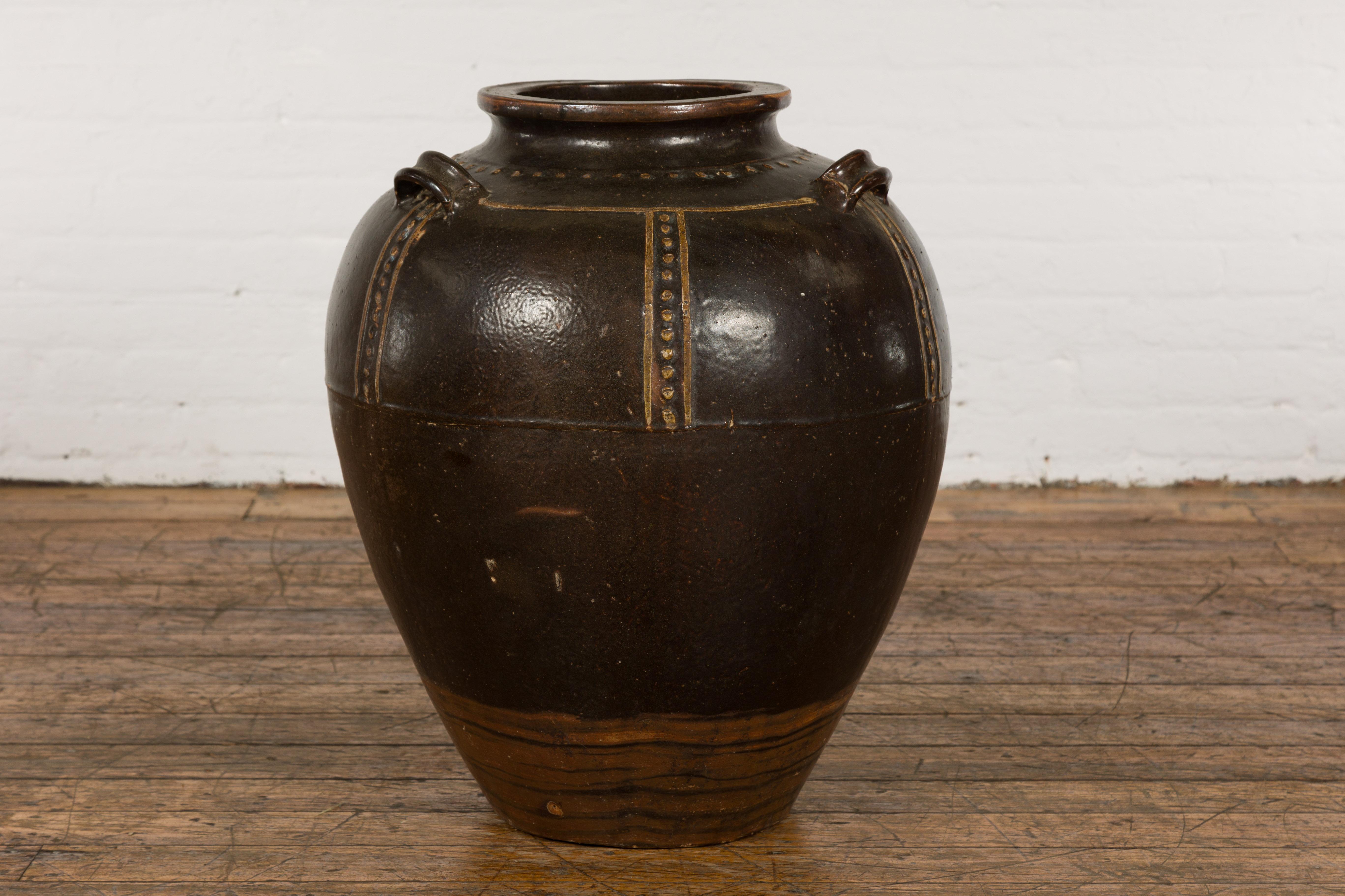 20th Century Thai Brown Glazed Ceramic Vase with Loop Handles and Cream Dotted Décor For Sale