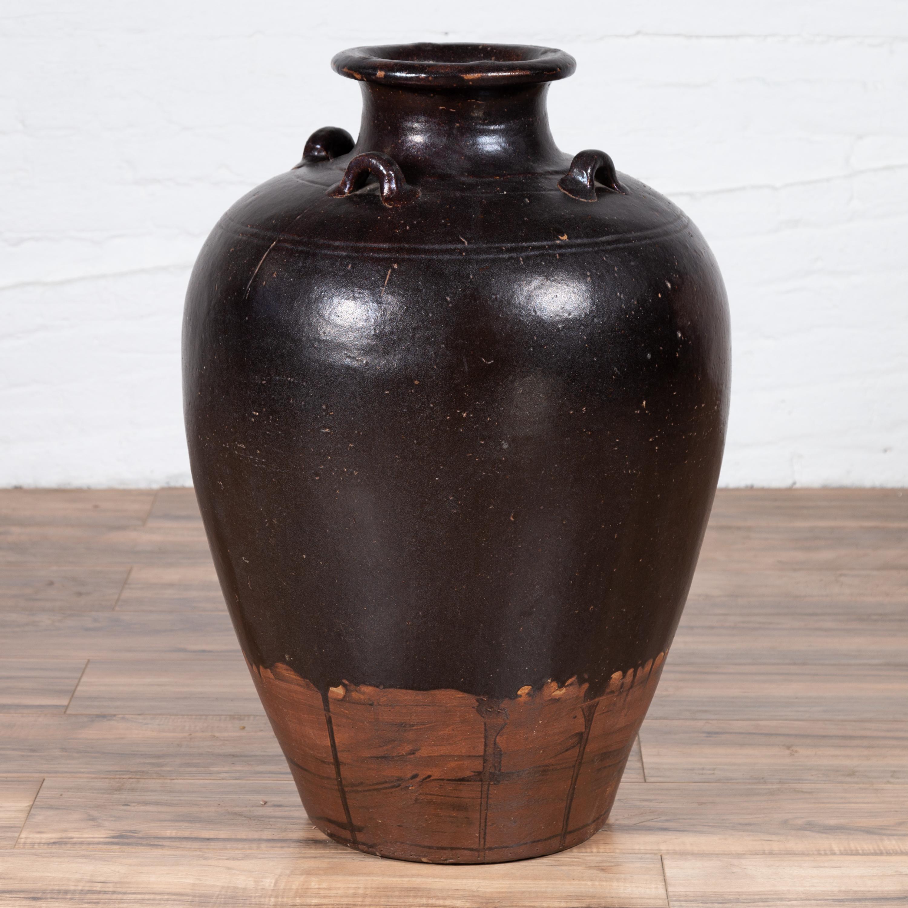 Glazed Thai Brownware Monochrome Water Jar with Carrying Handles, Early 20th Century For Sale