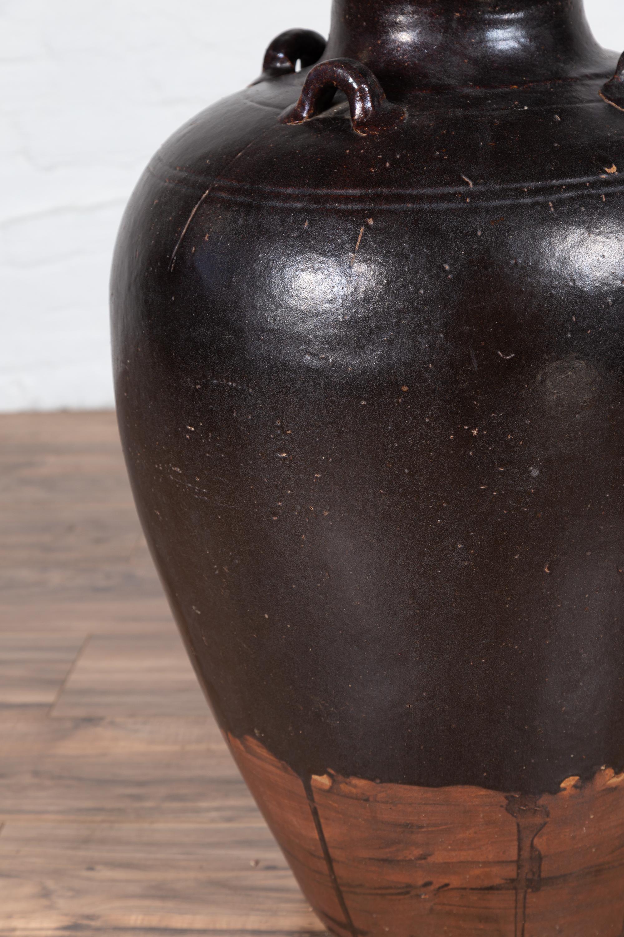 Earthenware Thai Brownware Monochrome Water Jar with Carrying Handles, Early 20th Century For Sale