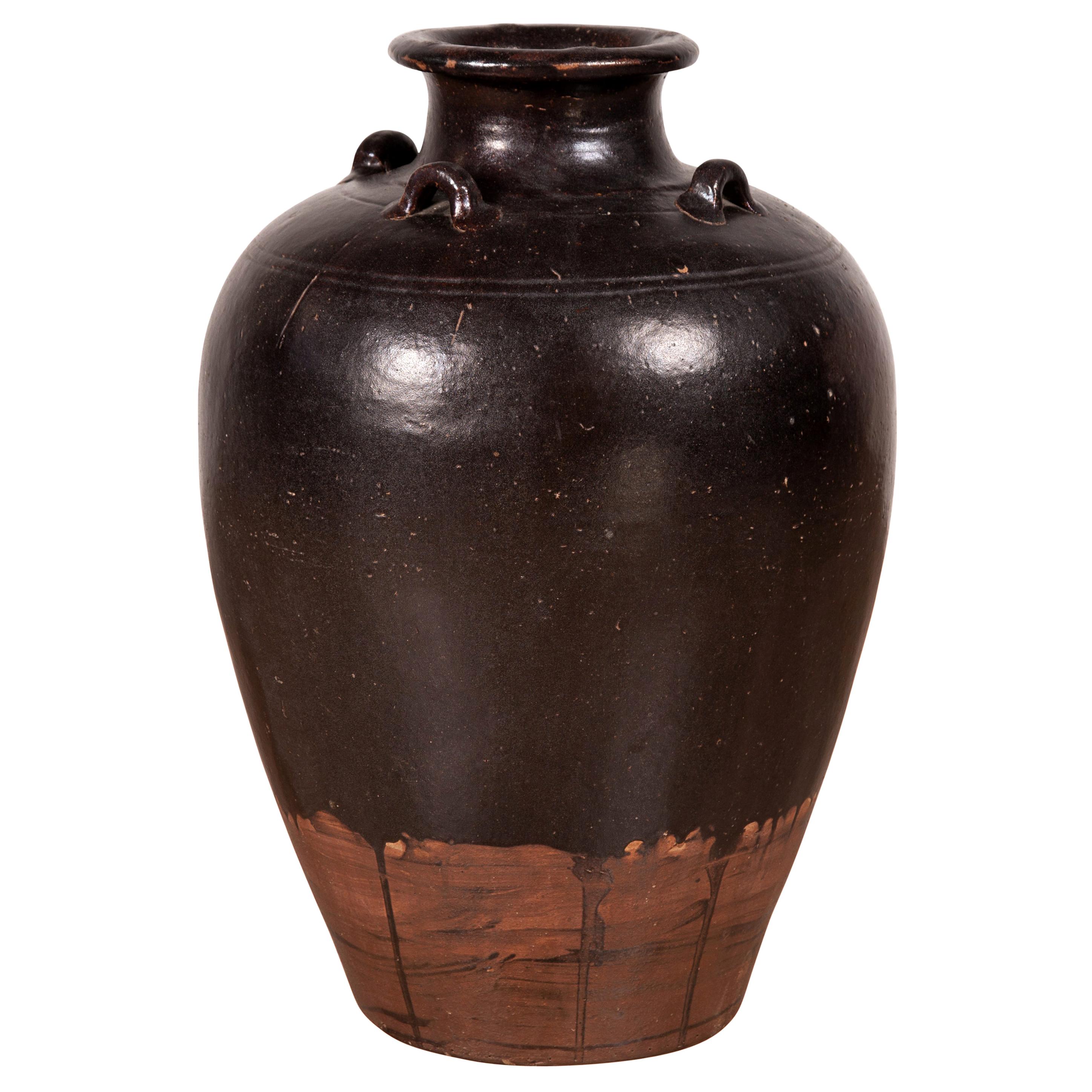 Thai Brownware Monochrome Water Jar with Carrying Handles, Early 20th Century