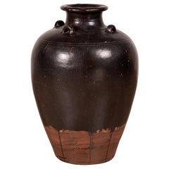 Antique Thai Brownware Monochrome Water Jar with Carrying Handles, Early 20th Century