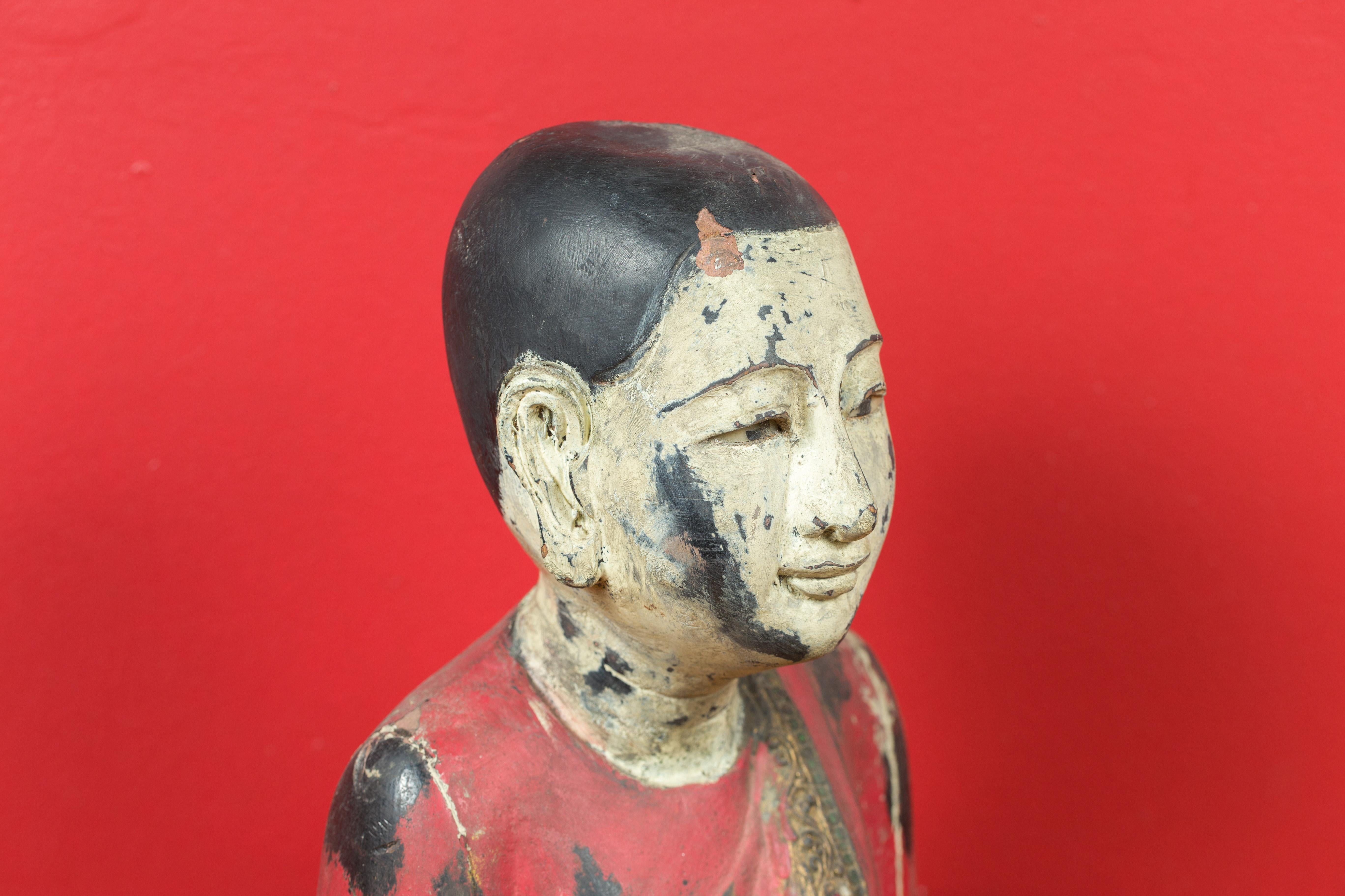 Thai Carved and Painted Wooden Monk Statue with Dispelling of Fear Gesture For Sale 6