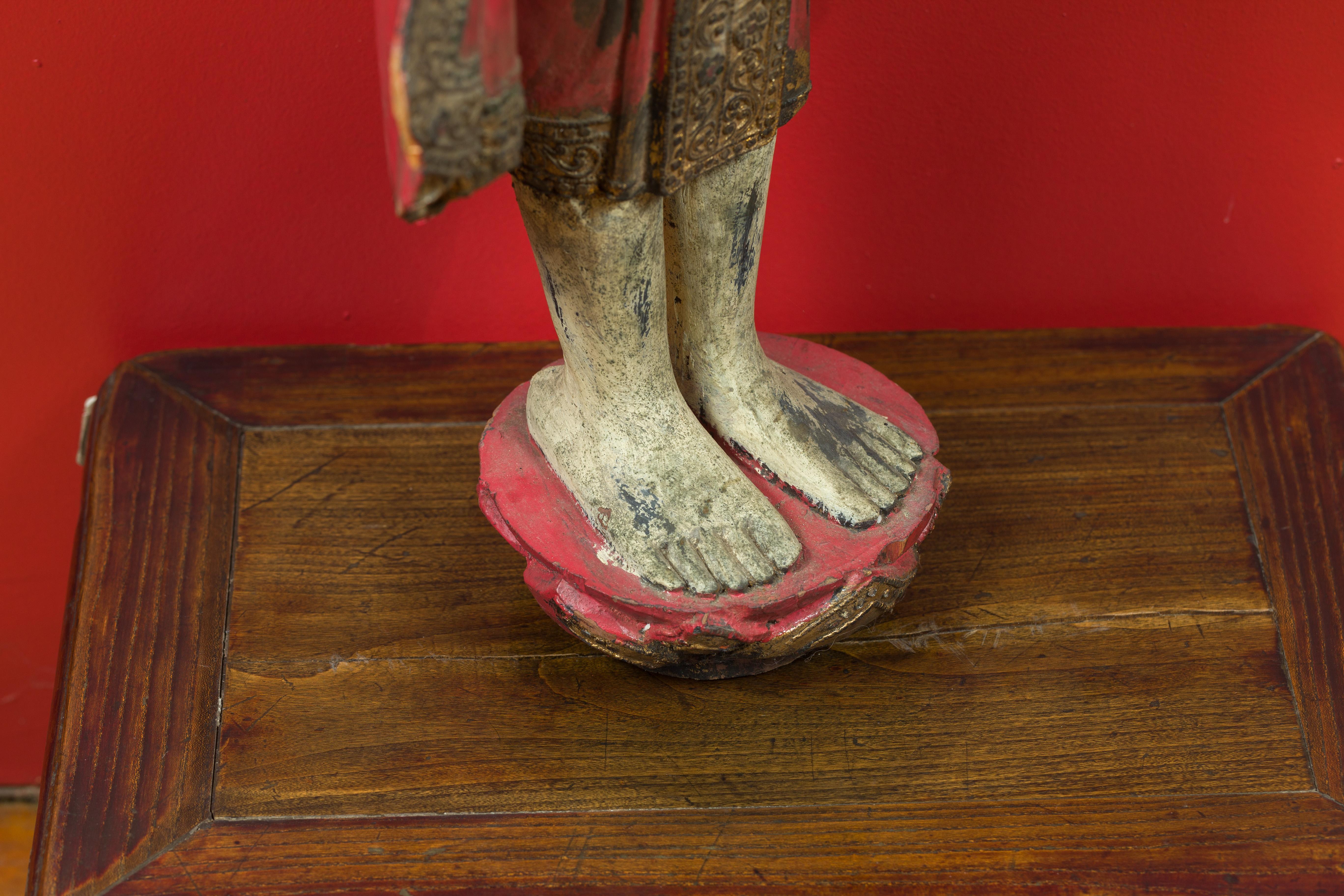 Thai Carved and Painted Wooden Monk Statue with Dispelling of Fear Gesture For Sale 7
