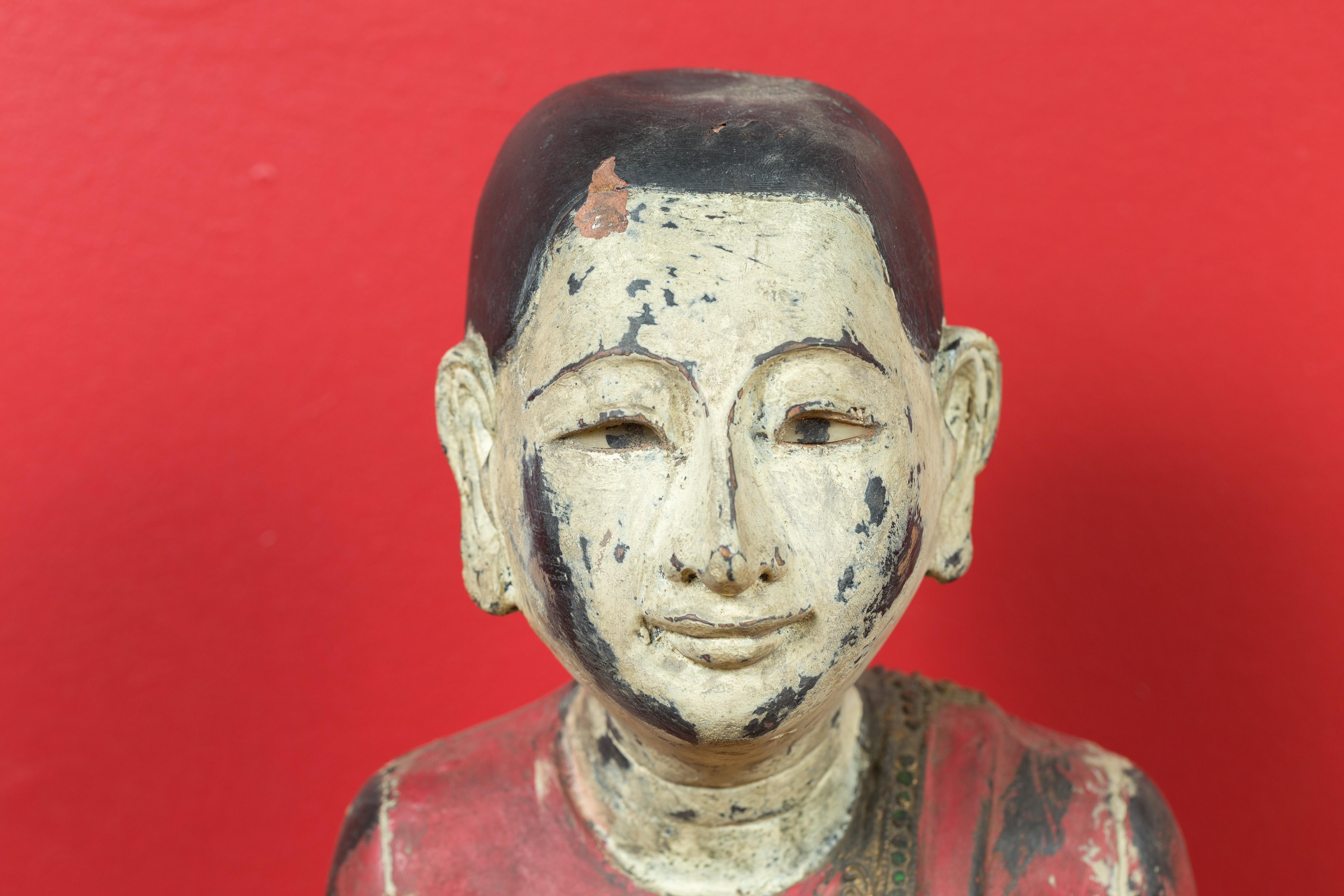 Inlay Thai Carved and Painted Wooden Monk Statue with Dispelling of Fear Gesture For Sale