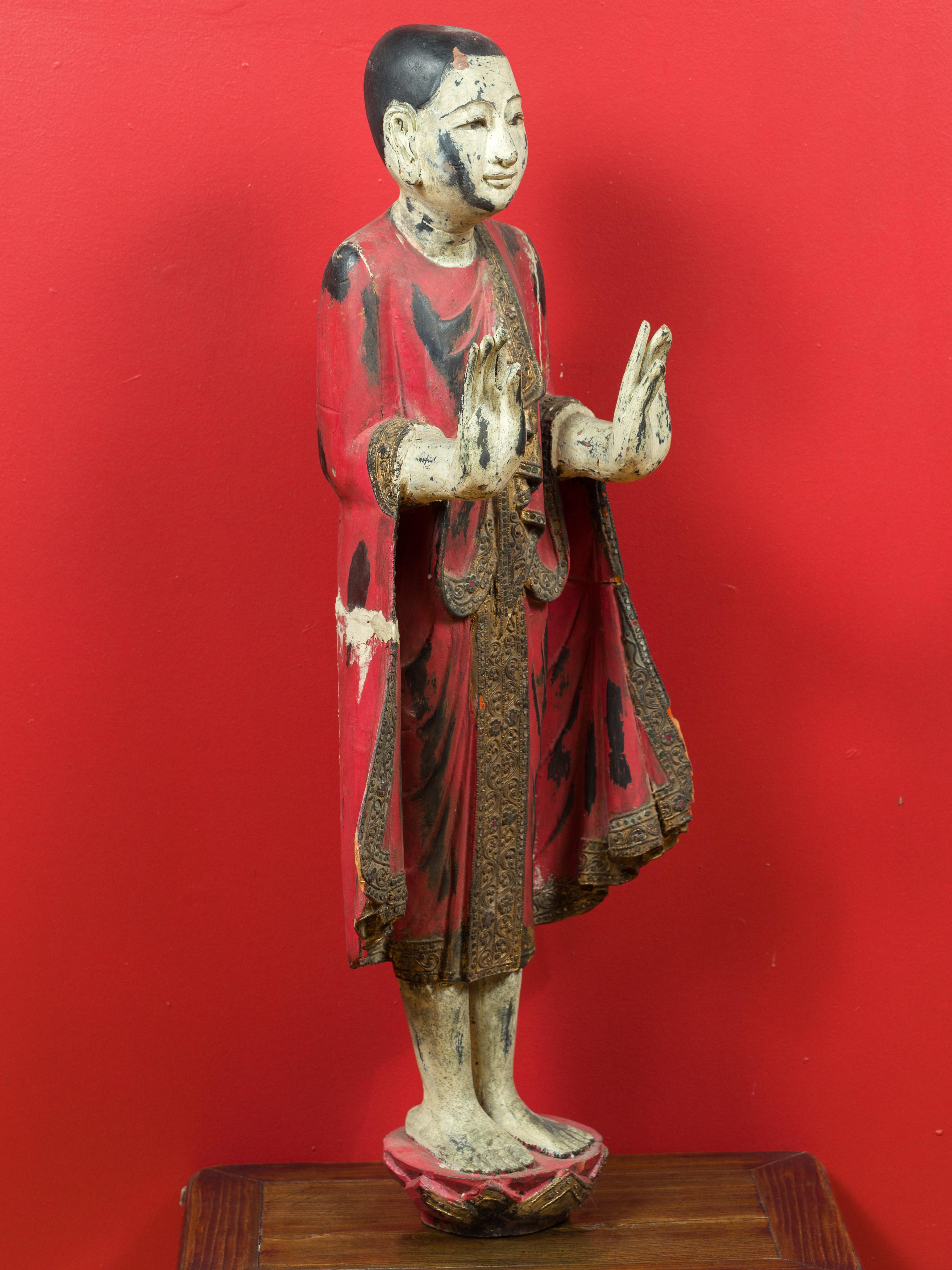 Thai Carved and Painted Wooden Monk Statue with Dispelling of Fear Gesture For Sale 4