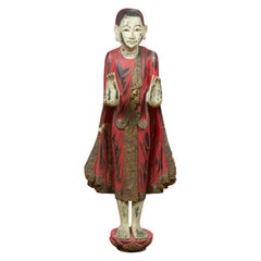 Antique Thai Carved and Painted Wooden Monk Statue with Dispelling of Fear Gesture