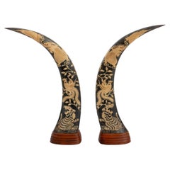 Thai Carved Buffalo Horn Sculptures, Pair