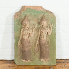 Thai Carved Stone Green Painted Temple Wall Plaque Depicting Ceremonial Dancers