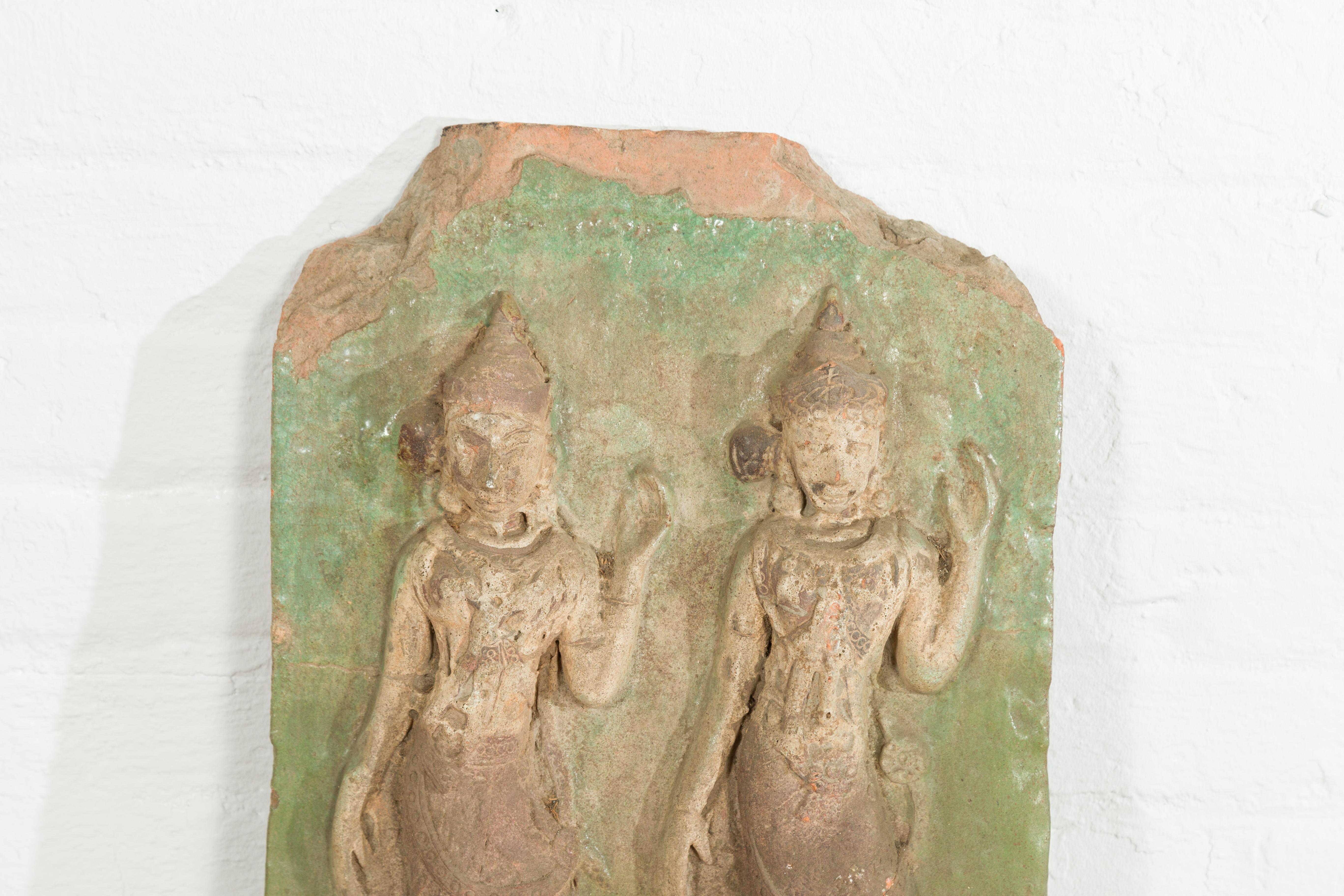 19th Century Thai Carved Stone Green Painted Temple Wall Plaque Depicting Ceremonial Dancers For Sale