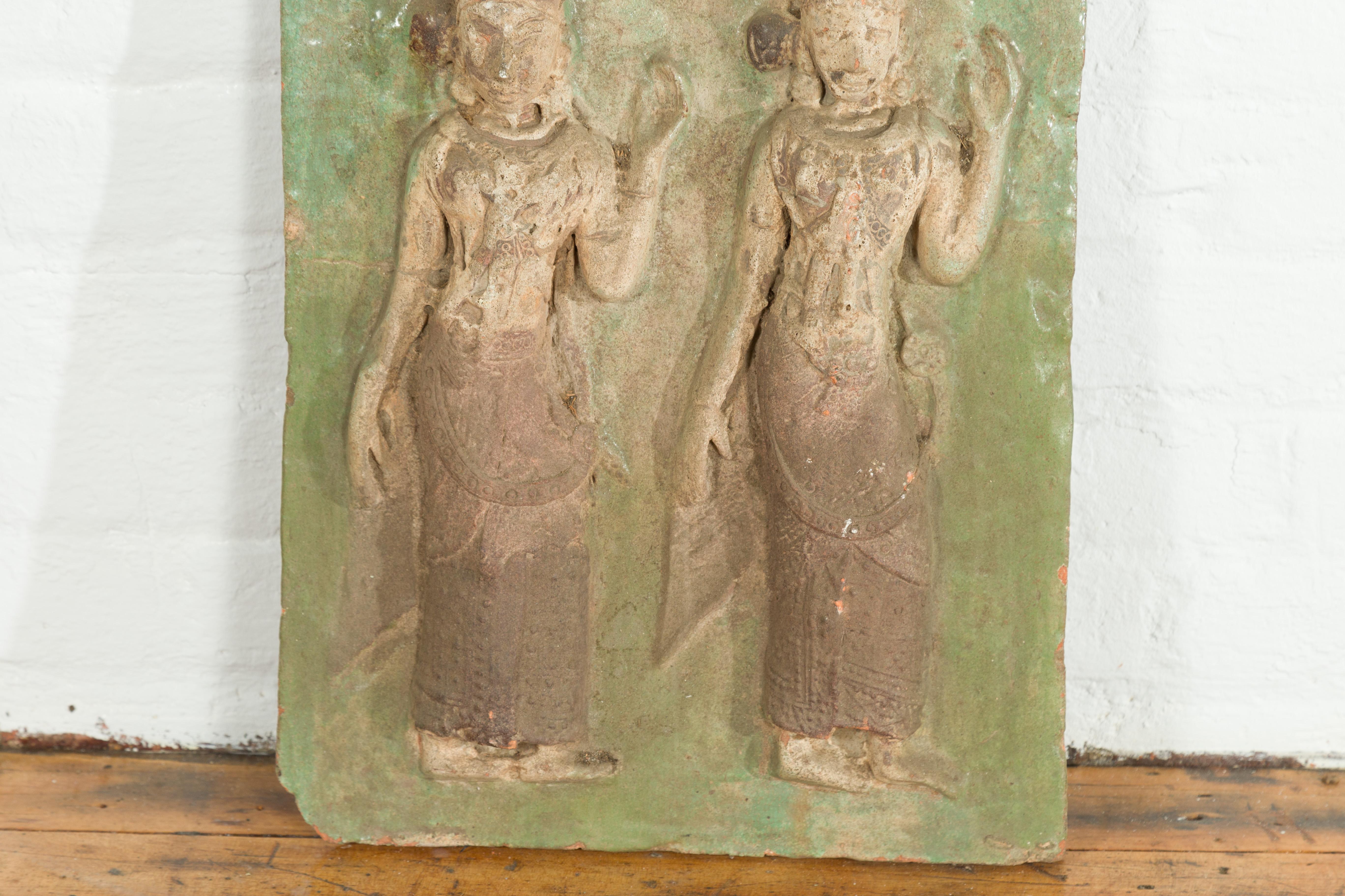 Thai Carved Stone Green Painted Temple Wall Plaque Depicting Ceremonial Dancers For Sale 1