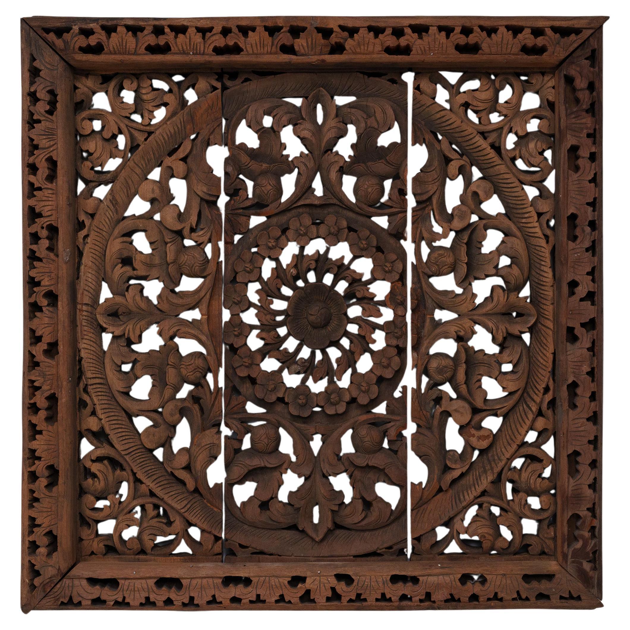 Thai Carved Teakwood Mandala Panel For Sale