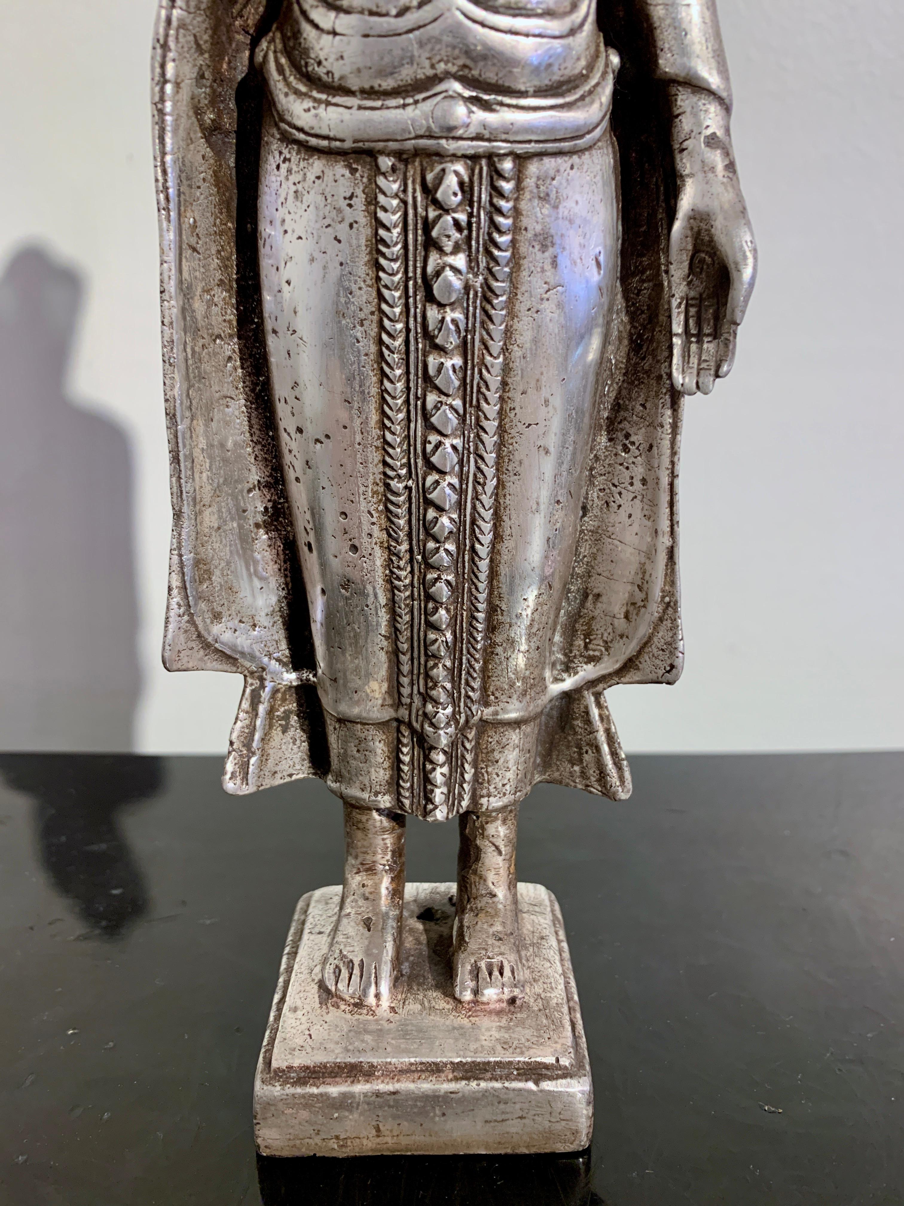 Thai Cast Silver Alloy Standing Buddha, Mid 20th Century, Thailand For Sale 9