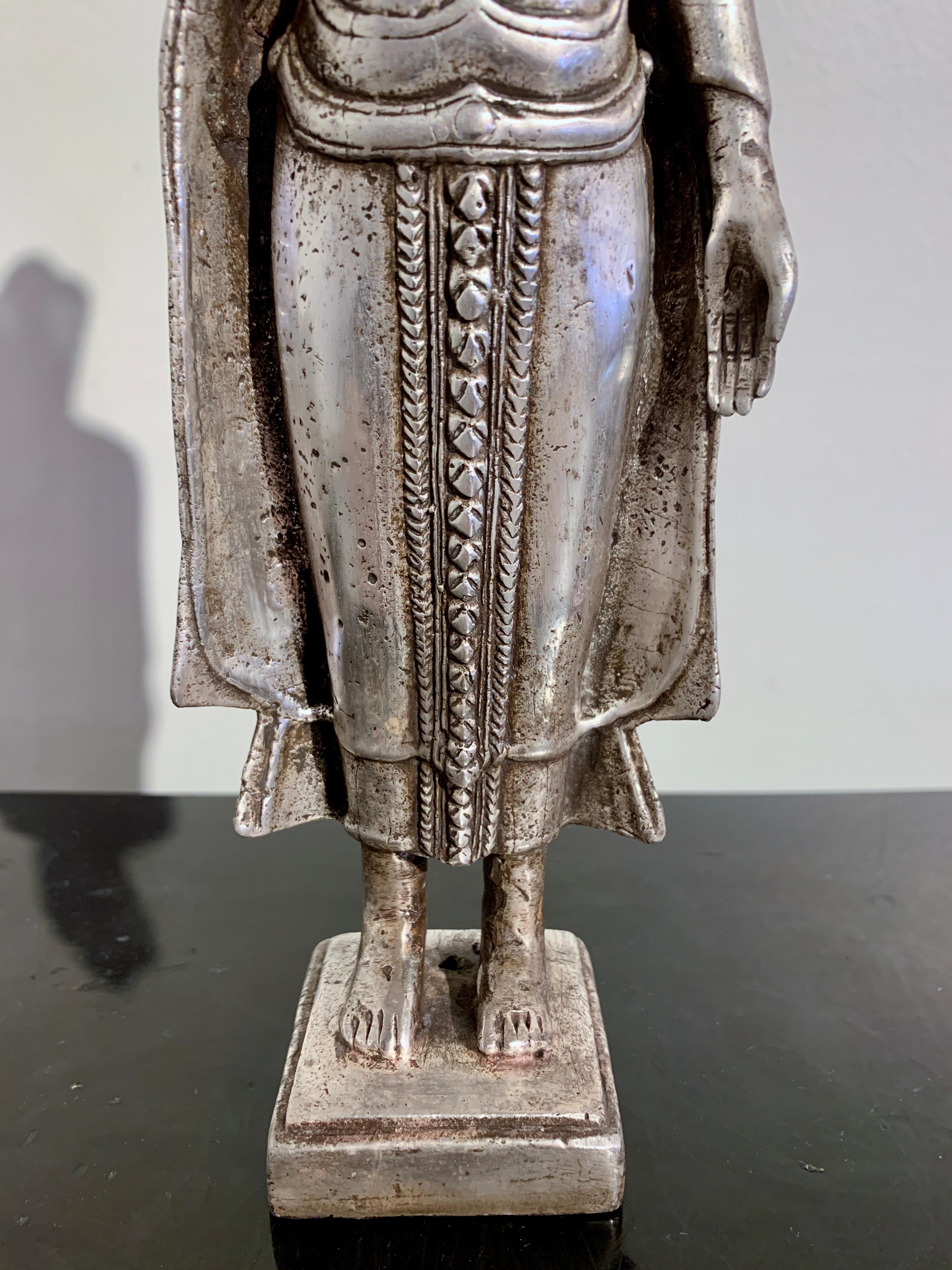 Thai Cast Silver Alloy Standing Buddha, Mid 20th Century, Thailand For Sale 8