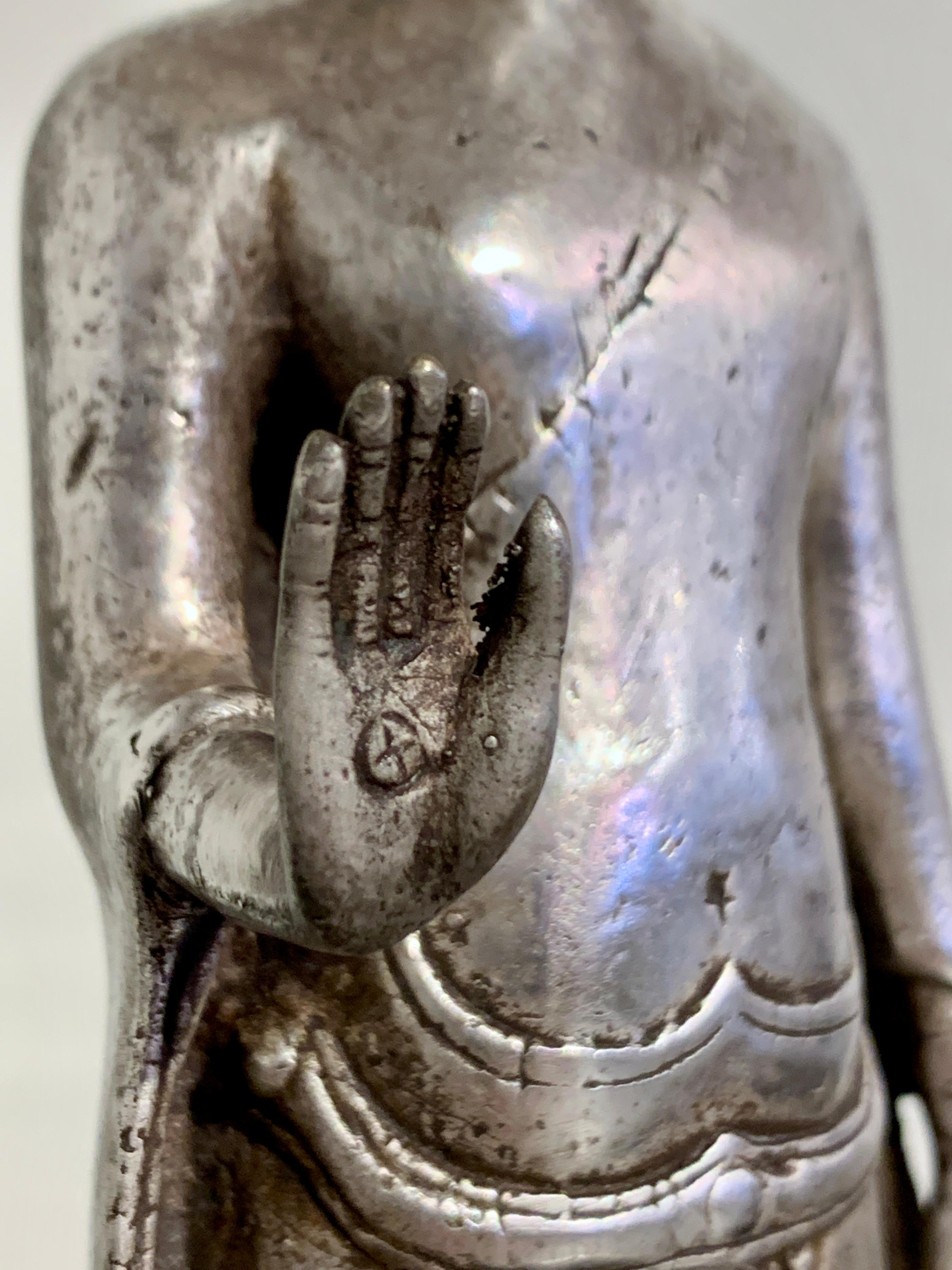 Thai Cast Silver Alloy Standing Buddha, Mid 20th Century, Thailand For Sale 10